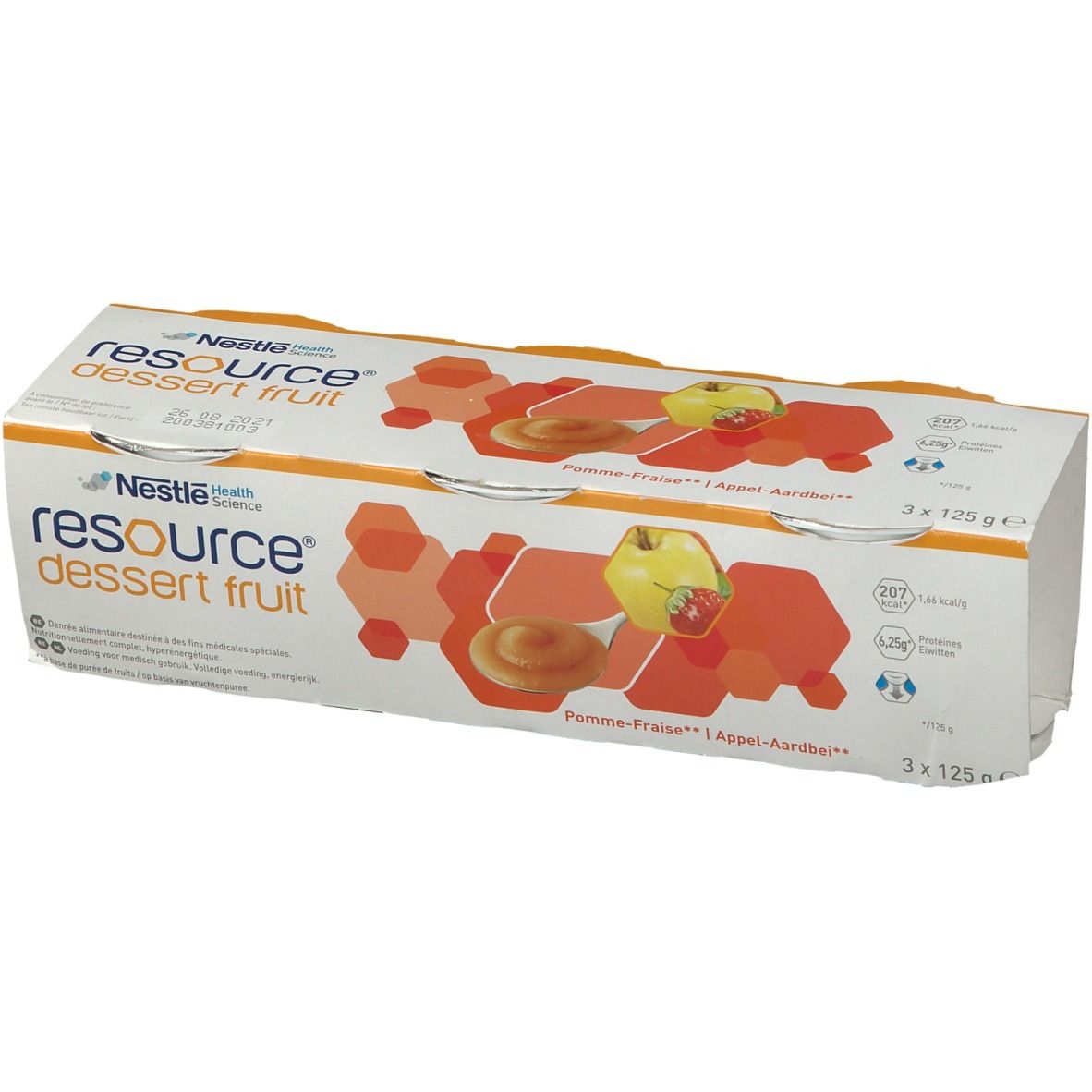 Emballage de trois pots Resource Dessert Fruit. Saveur pomme-fraise. Nom du produit, logo et informations nutritionnelles clairement visibles.