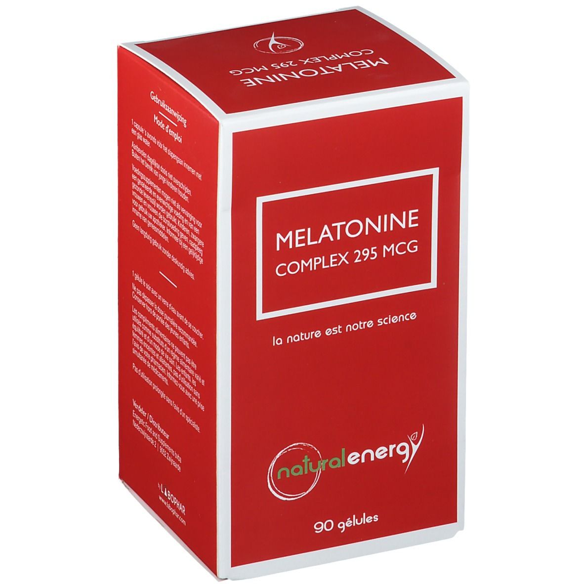 Rode doos met witte kader. Opschrift: Melatonine Complex 295 MCG. Logo: natural energy. 90 capsules.