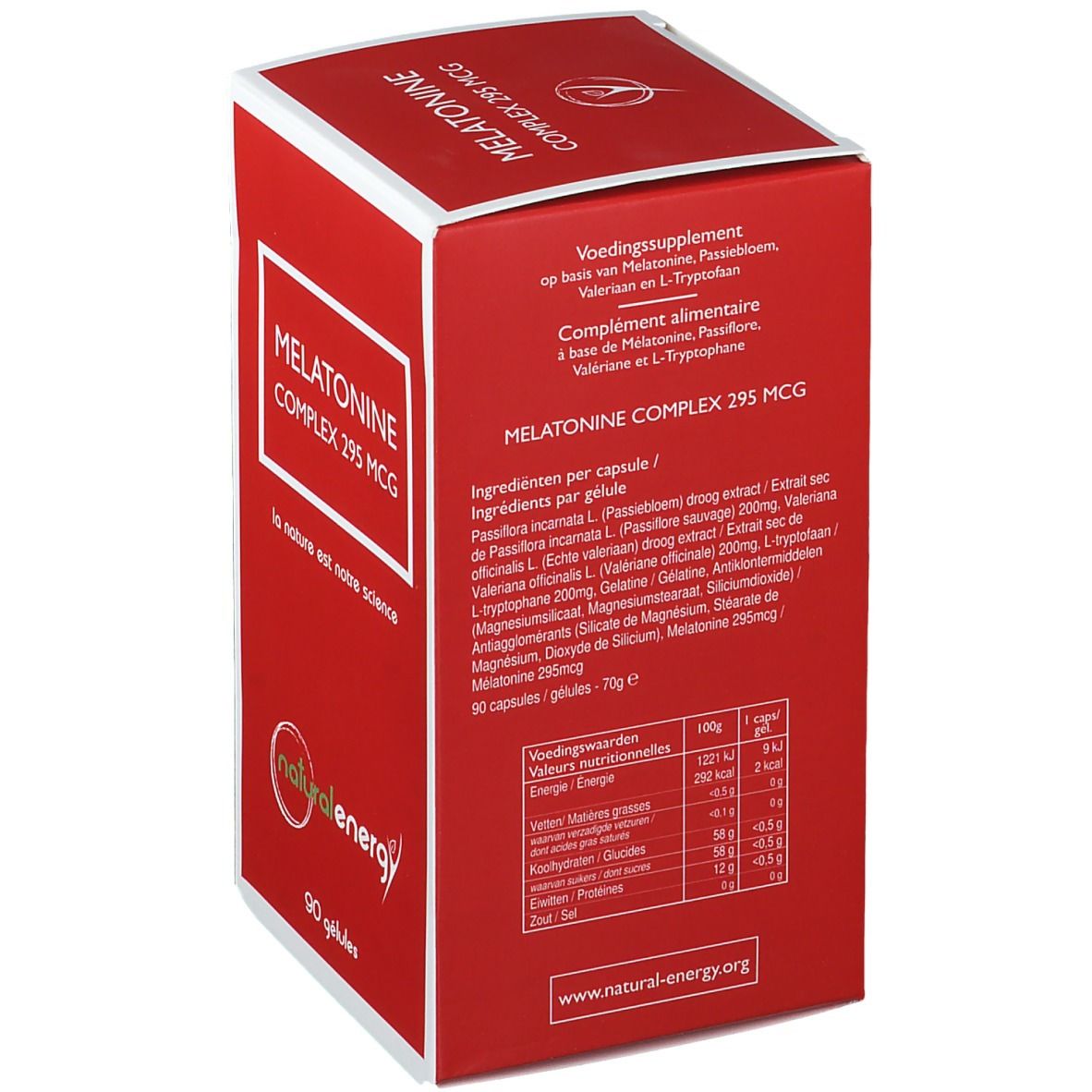 Achterkant van de rode doos. Tekst: ingrediënten, voedingswaarde. Logo: natural energy. 90 capsules.