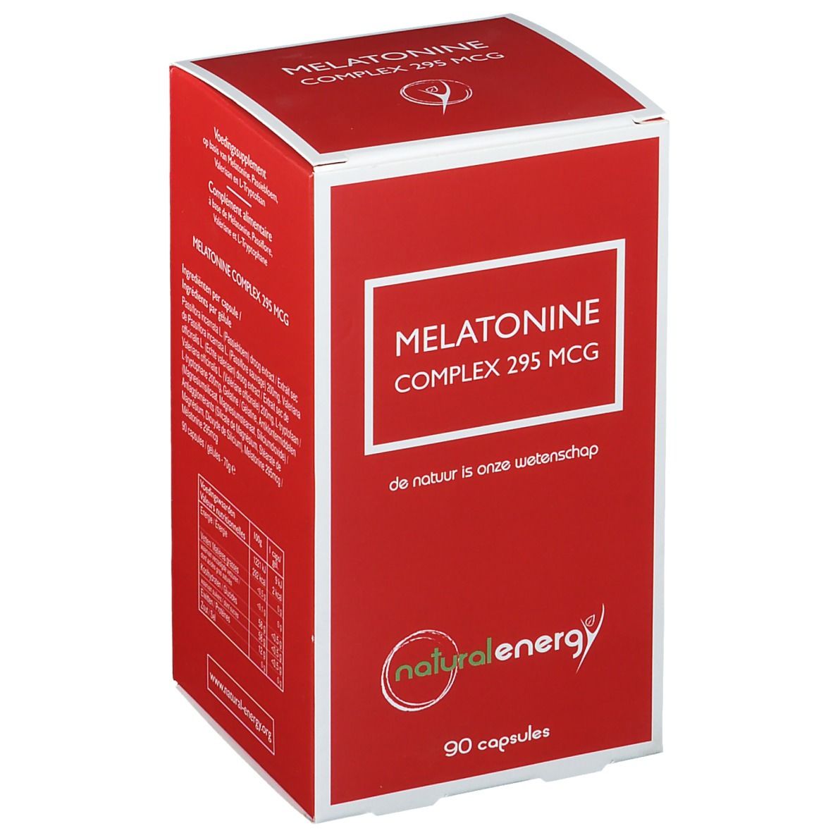 Rode doos met witte kader. Opschrift: Melatonine Complex 295 MCG. Logo: natural energy. 90 capsules.