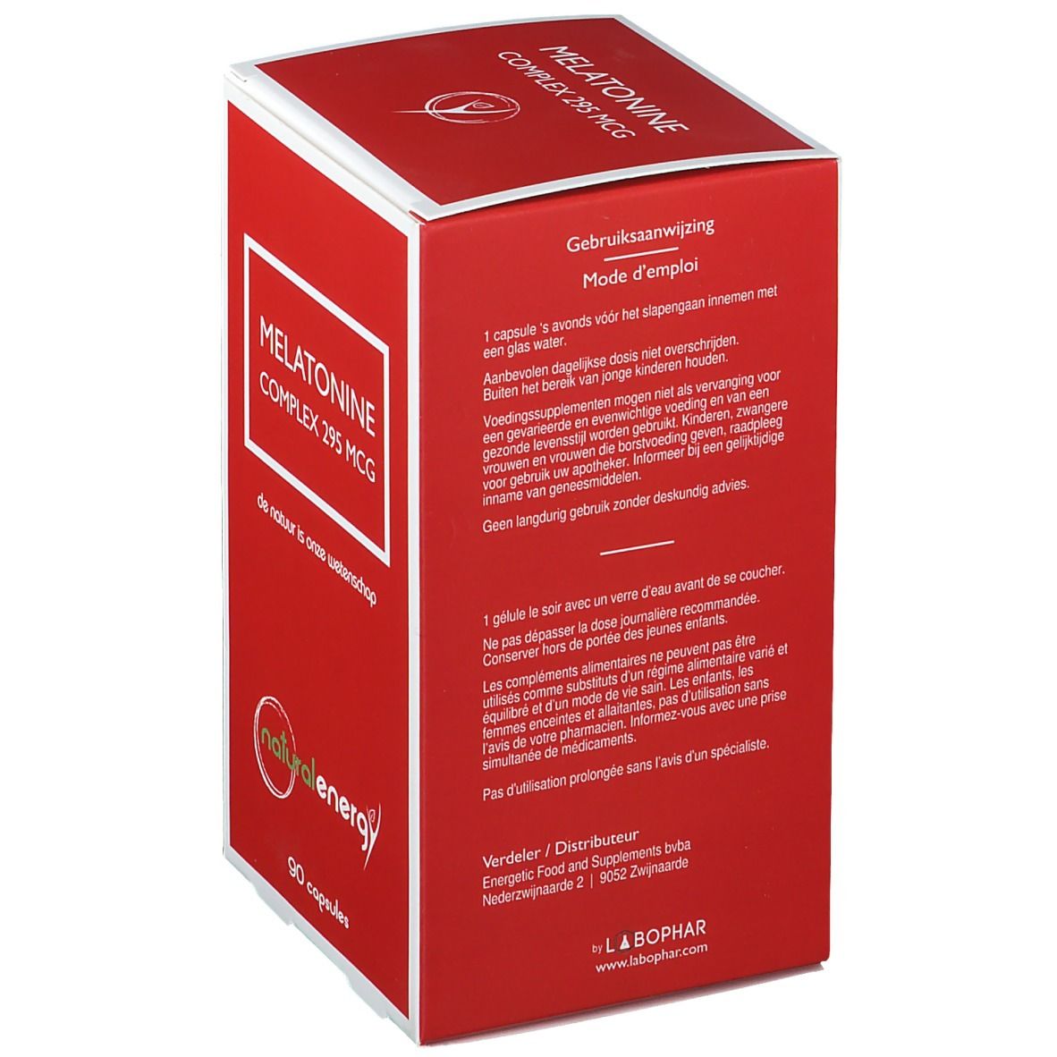 Rode doos met witte kader. Opschrift: Melatonine Complex 295 MCG. Logo: natural energy. 90 capsules.