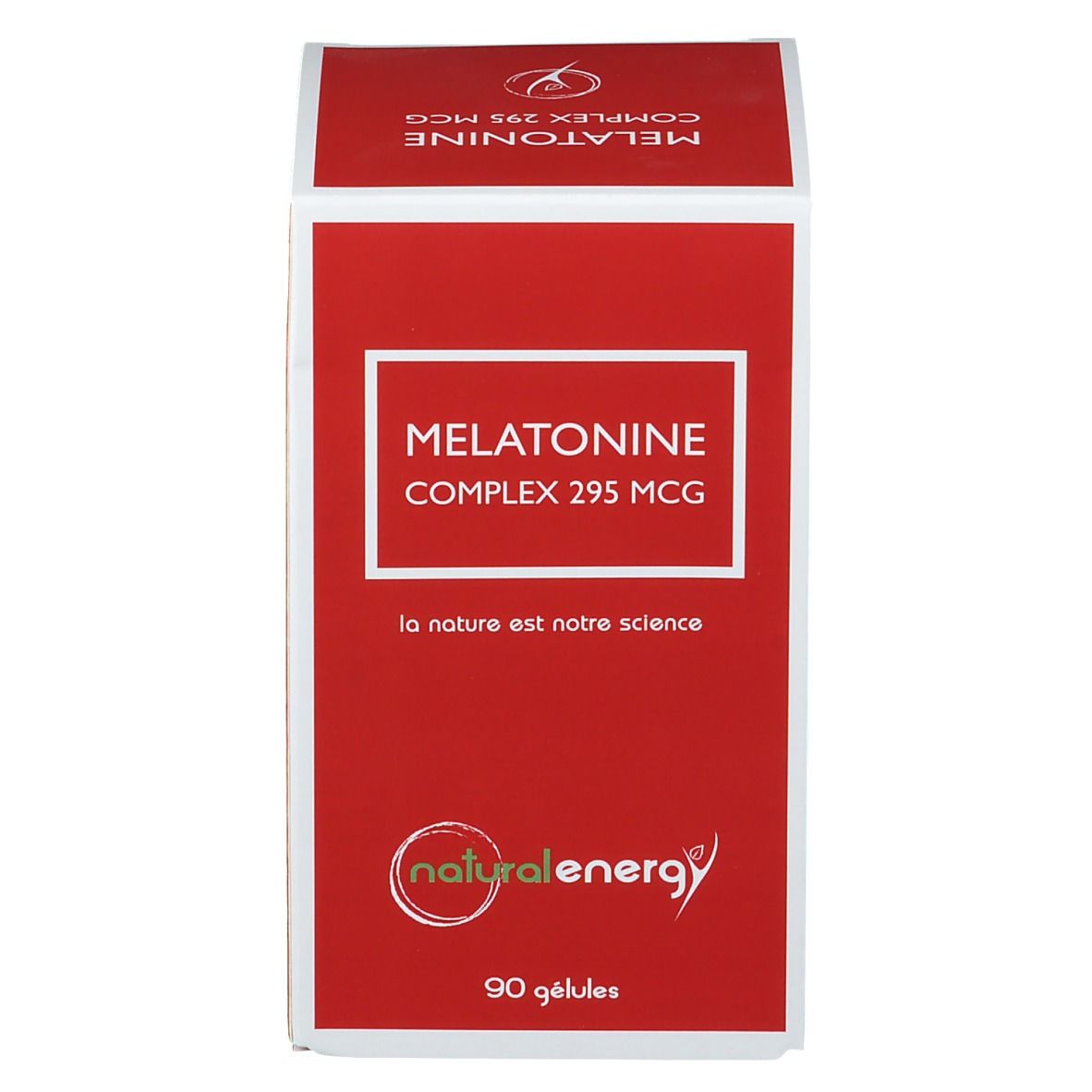 Rode doos met witte kader. Opschrift: Melatonine Complex 295 MCG. Logo: natural energy. 90 capsules.