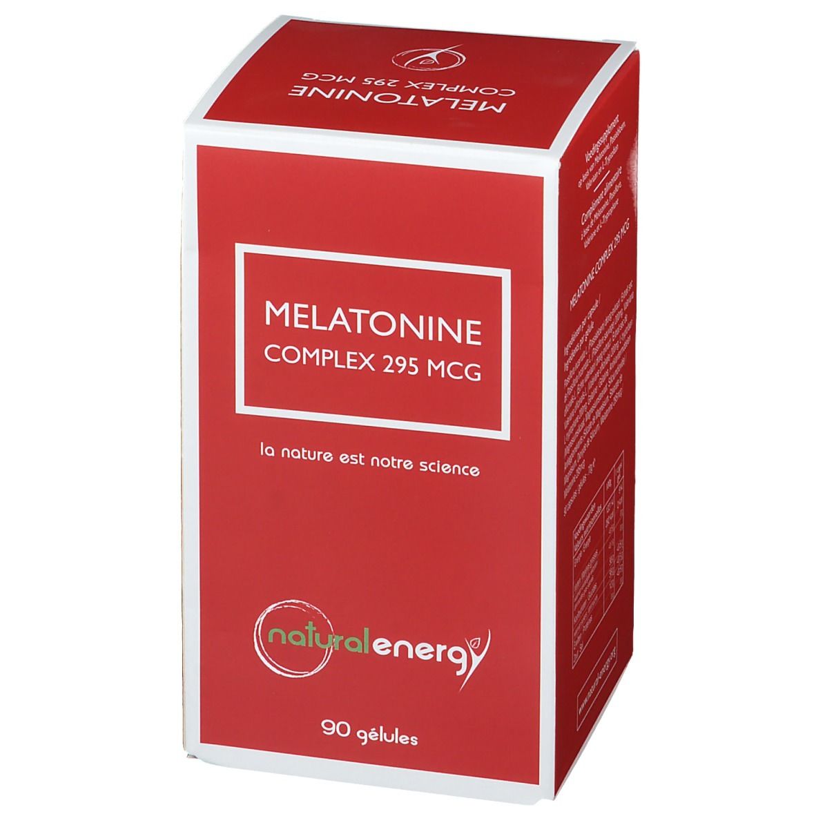 Rode doos met witte kader. Opschrift: Melatonine Complex 295 MCG. Logo: natural energy. 90 capsules.