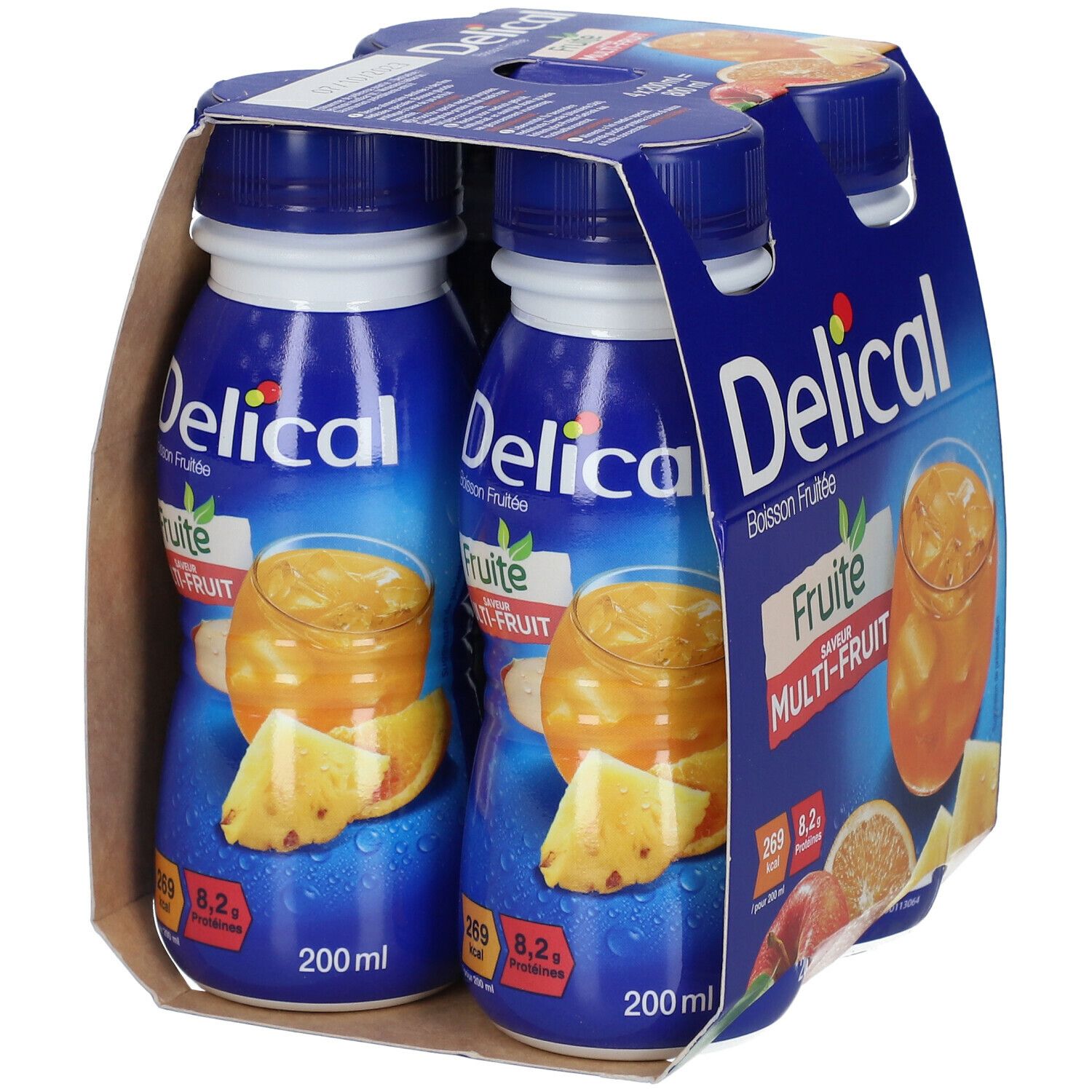 Packung mit zwei Flaschen Delical Fruchtdrink Multivitamin. Blaue Flaschen mit gelbem Getränk und Fruchtbildern. Kartonverpackung.