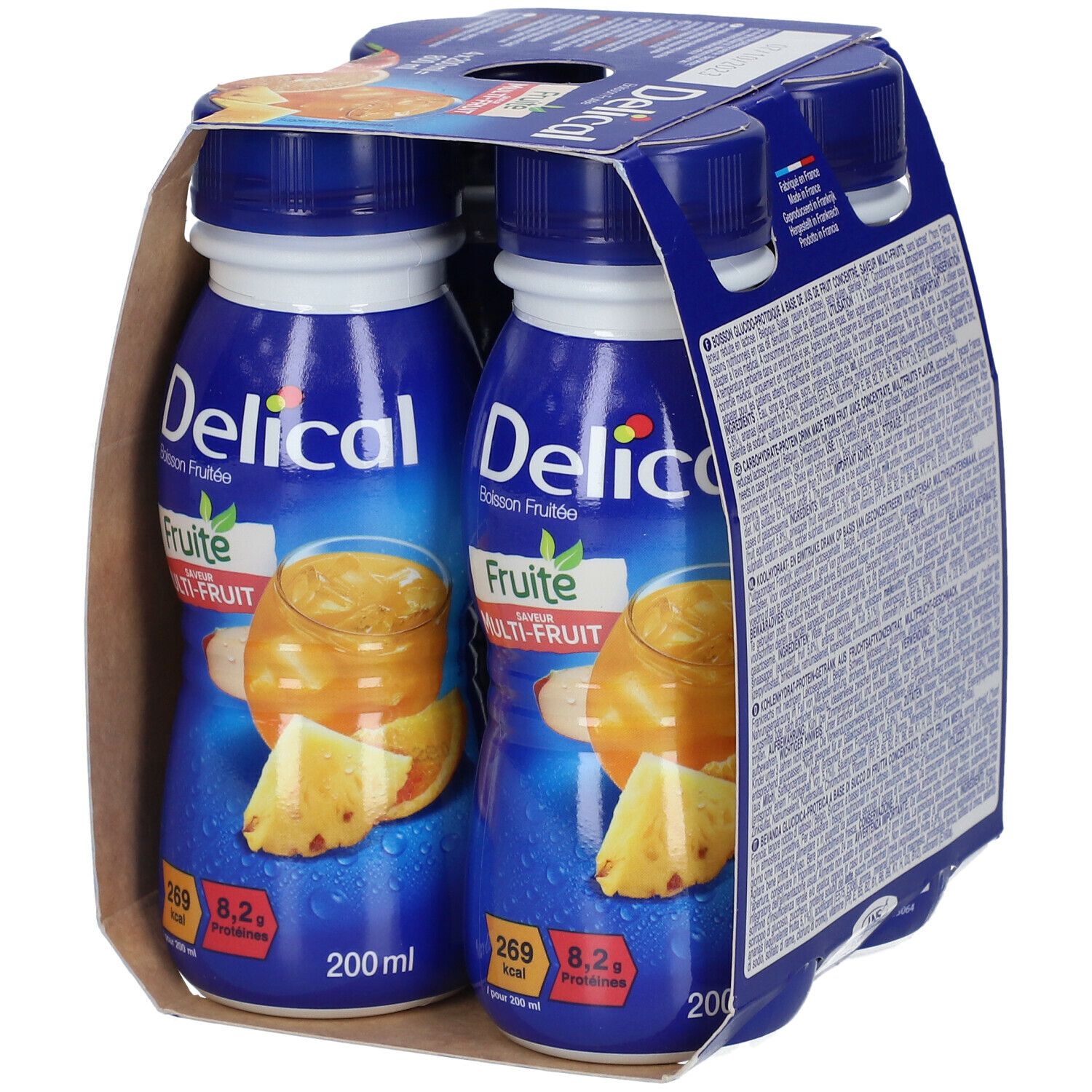 Packung mit zwei Flaschen Delical Fruchtdrink Multivitamin. Rückseite der Verpackung mit Text. Blaue Flaschen mit gelbem Getränk. Kartonverpackung.