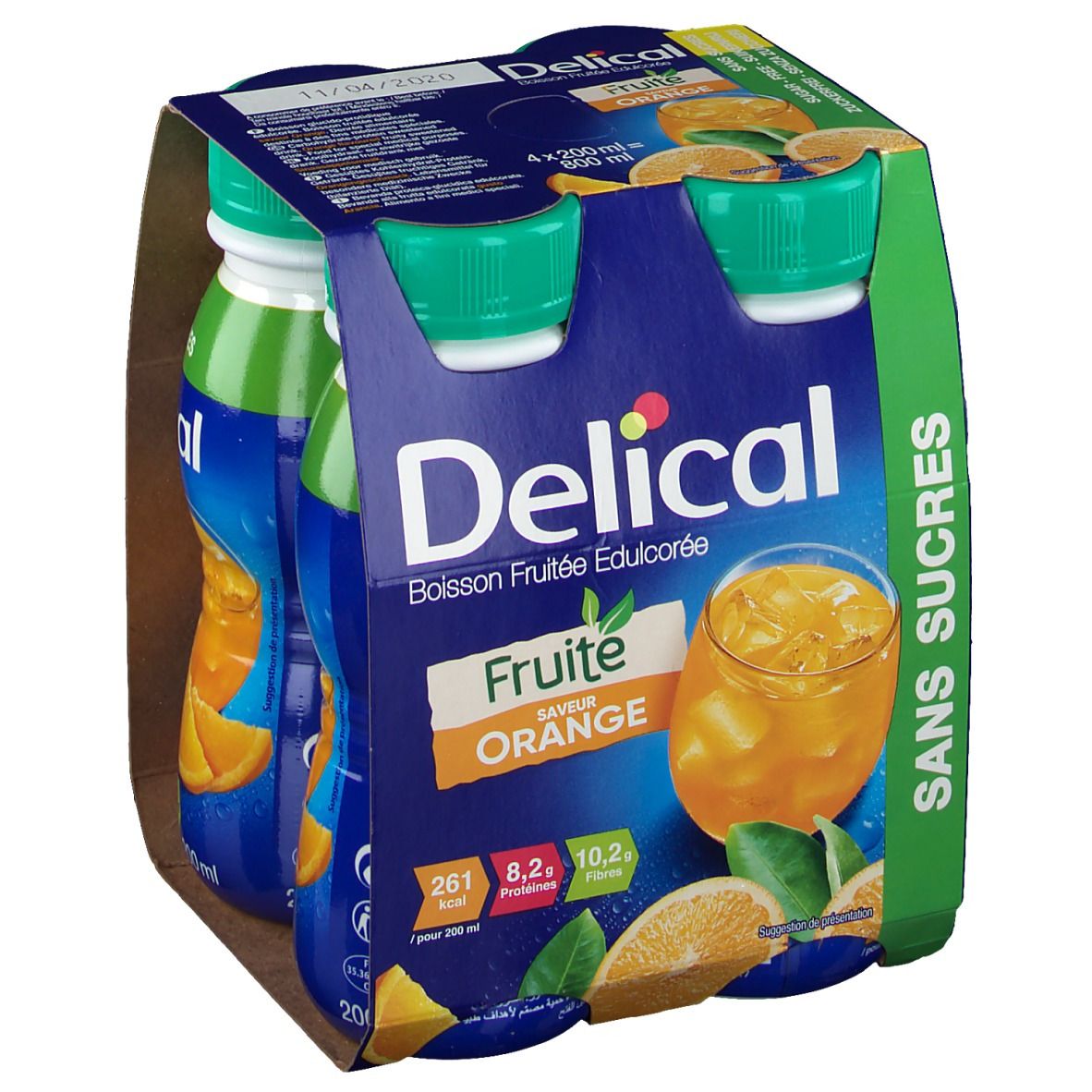 Packung mit vier Flaschen Delical Fruchtdrink Orange. Blaue Verpackung mit Produktabbildung und Nährwertangaben.