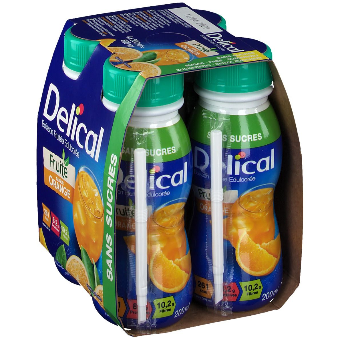 Packung mit zwei Flaschen Delical Fruchtdrink Orange. Blaue Verpackung mit Produktabbildung und grünen Verschlüssen.