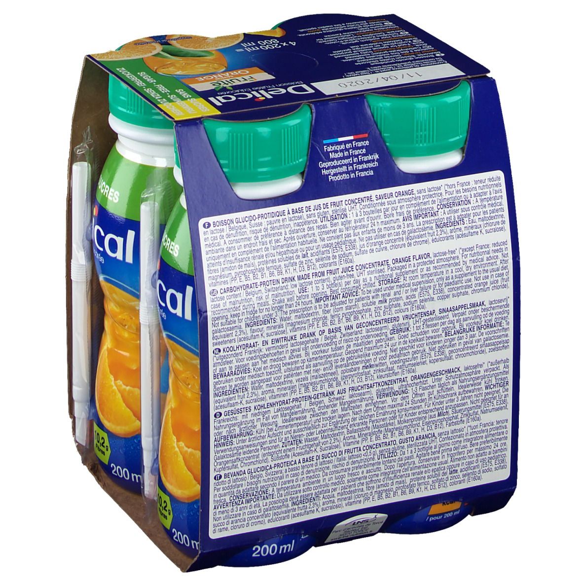 Rückseite der Verpackung mit Produktinformationen und Nährwertangaben. Text in mehreren Sprachen.