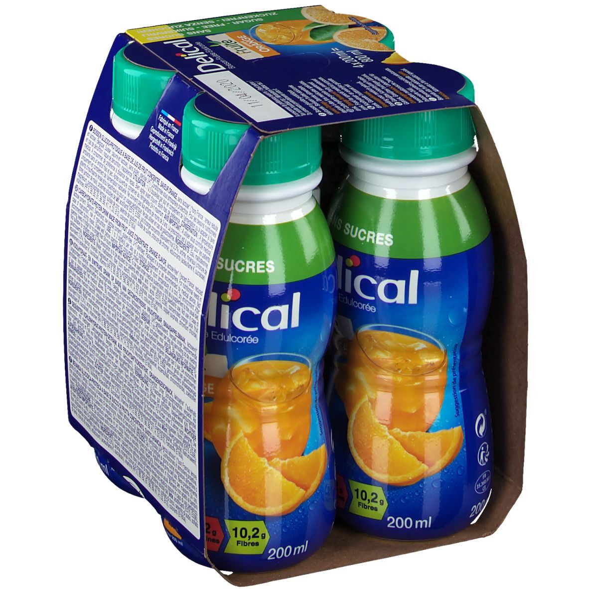 Packung mit zwei Flaschen Delical Fruchtdrink Orange. Blaue Verpackung mit Produktabbildung und grünen Verschlüssen.