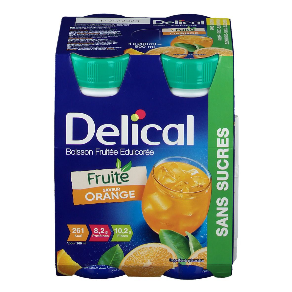 Packung mit zwei Flaschen Delical Fruchtdrink Orange. Blaue Verpackung mit Produktabbildung und grünen Verschlüssen.