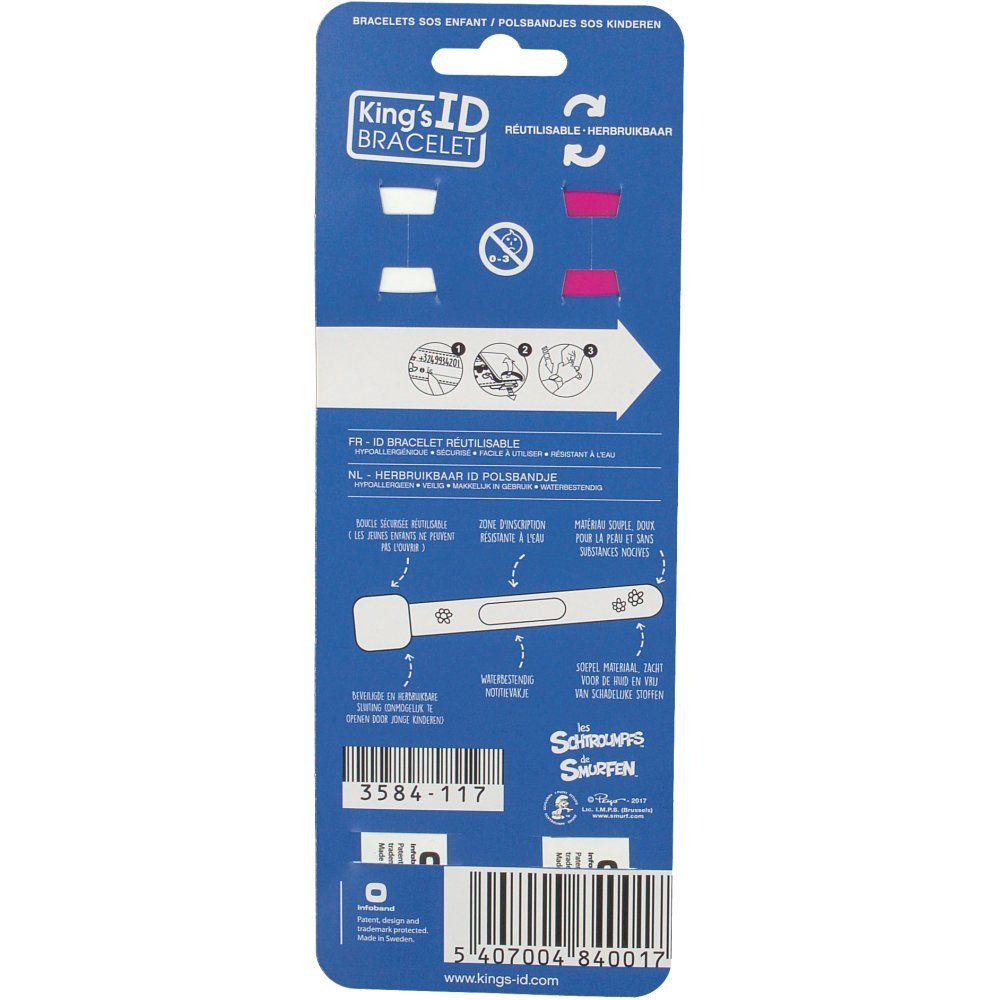 Blaues Kartenmaterial mit Produktinformationen. Oben links: King's ID BRACELET Logo. Unten: Produktnummer 3584-117 und Barcode.