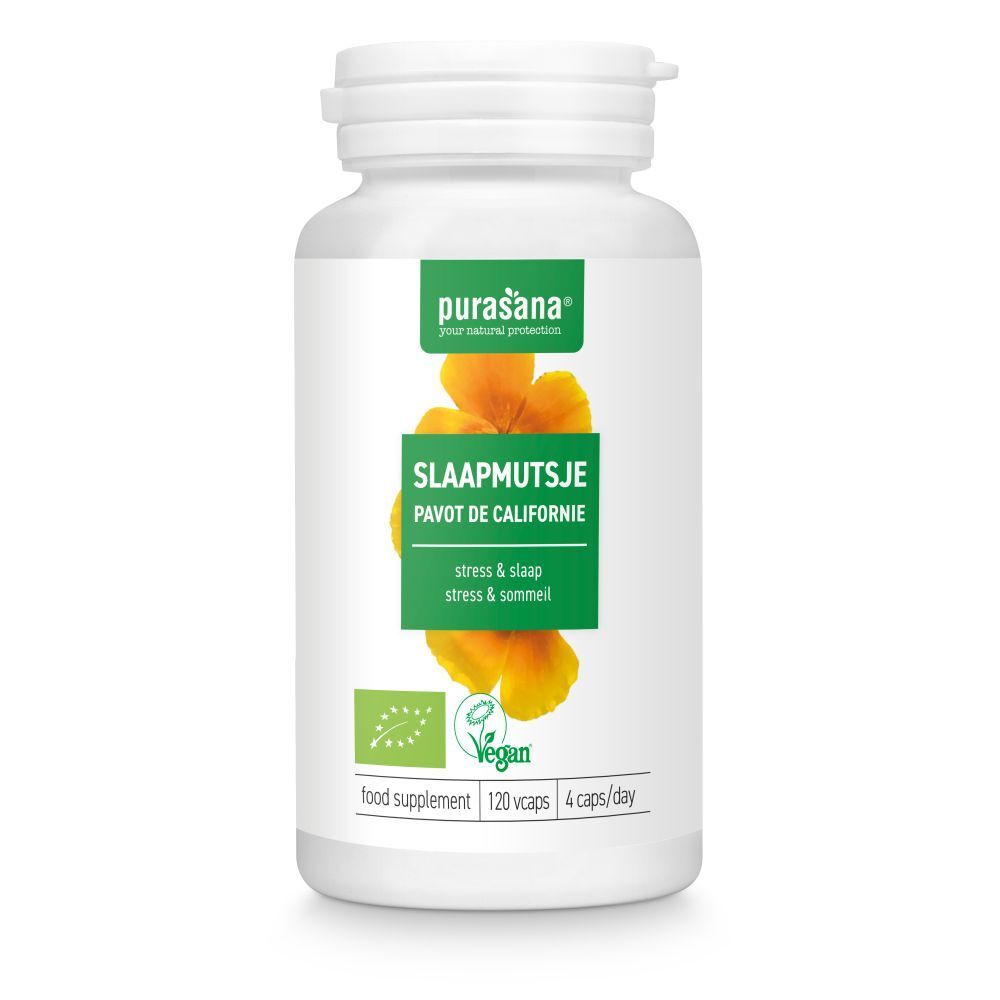 Witte fles met groen etiket. Opschrift: Slaapmutsje, Pavot de Californie. Vegan-keurmerk. 120 capsules.