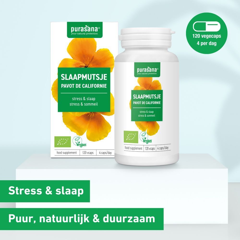 Productverpakking met fles en doos. Opschrift: Slaapmutsje, Pavot de Californie. Vegan-keurmerk. 120 capsules.