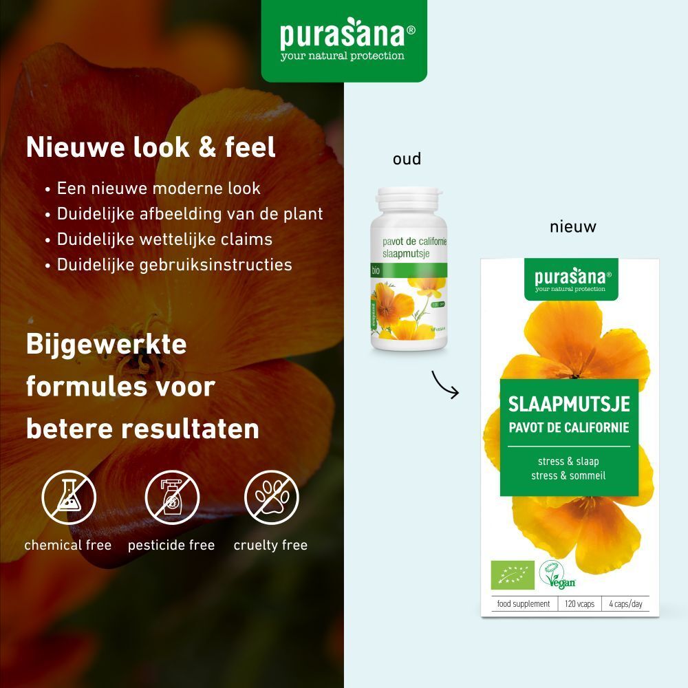 Vergelijking oude en nieuwe verpakking. Opschrift: Slaapmutsje, Pavot de Californie. Vegan-keurmerk. 120 capsules.