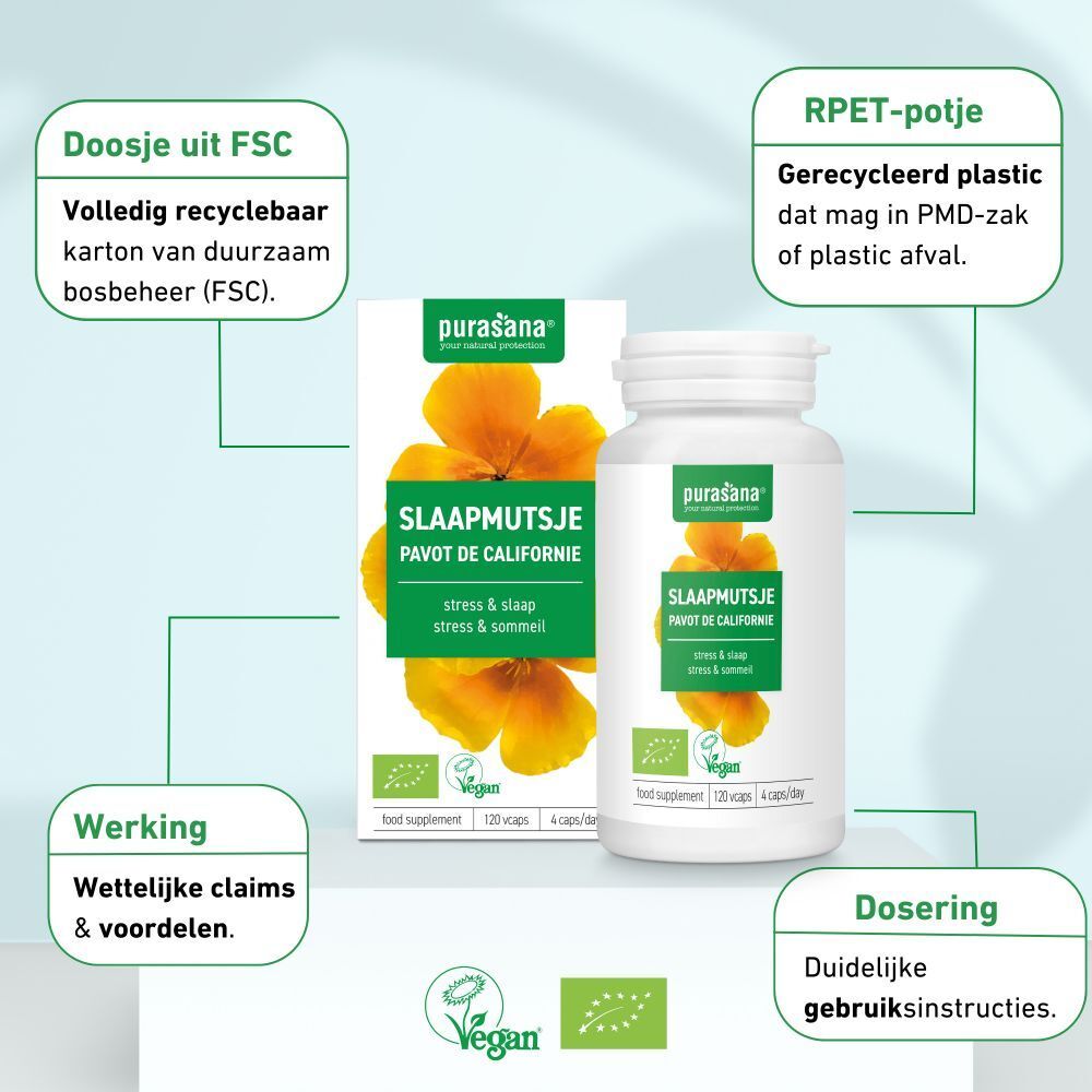 Productverpakking met fles en doos. Opschrift: Slaapmutsje, Pavot de Californie. Vegan-keurmerk. 120 capsules.