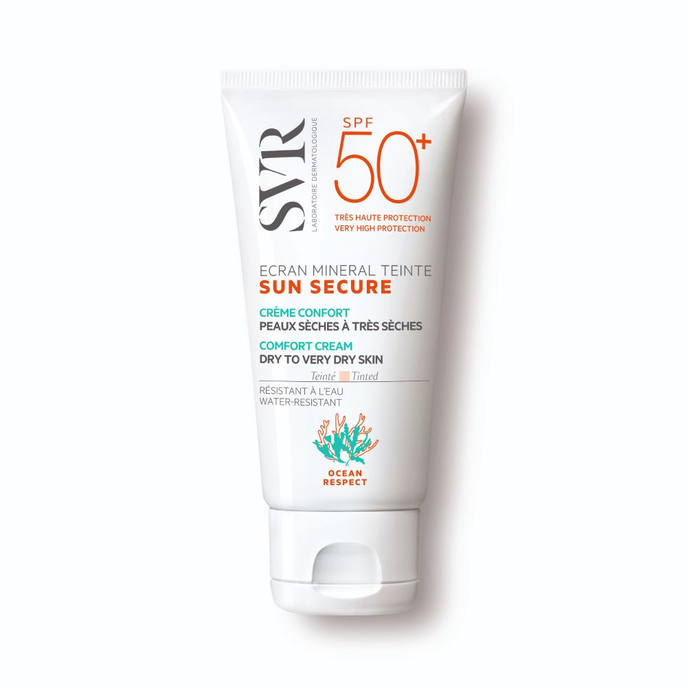 Tube SVR SUN SECURE ÉCRAN MINÉRAL TEINTÉ. Informations produit et SPF 50+ sur fond blanc.