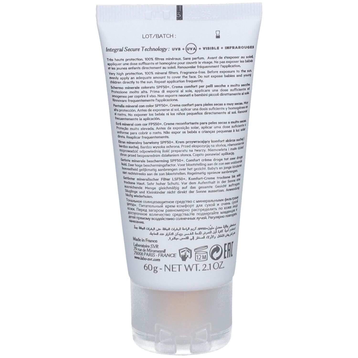 Dos du tube SVR SUN SECURE ÉCRAN MINÉRAL TEINTÉ. Texte avec ingrédients et informations fabricant.