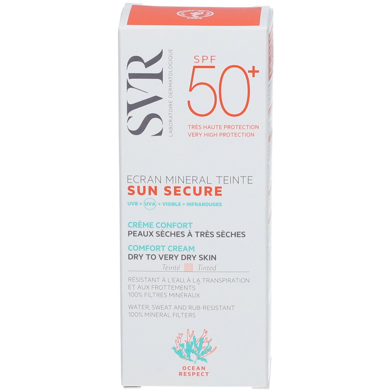 Emballage SVR SUN SECURE ÉCRAN MINÉRAL TEINTÉ. Boîte avec informations et SPF 50+.