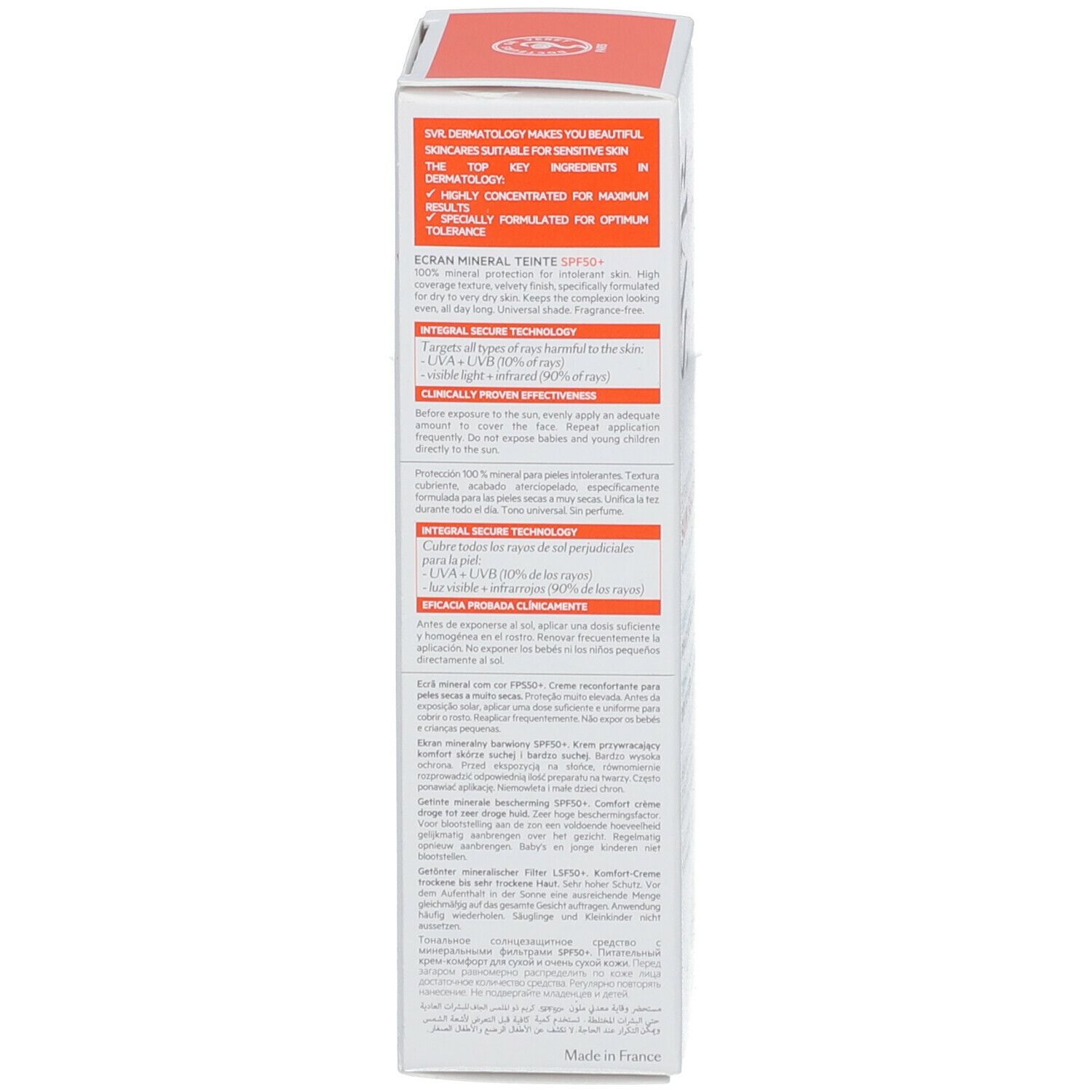 Dos de l'emballage SVR SUN SECURE. Texte avec informations produit.