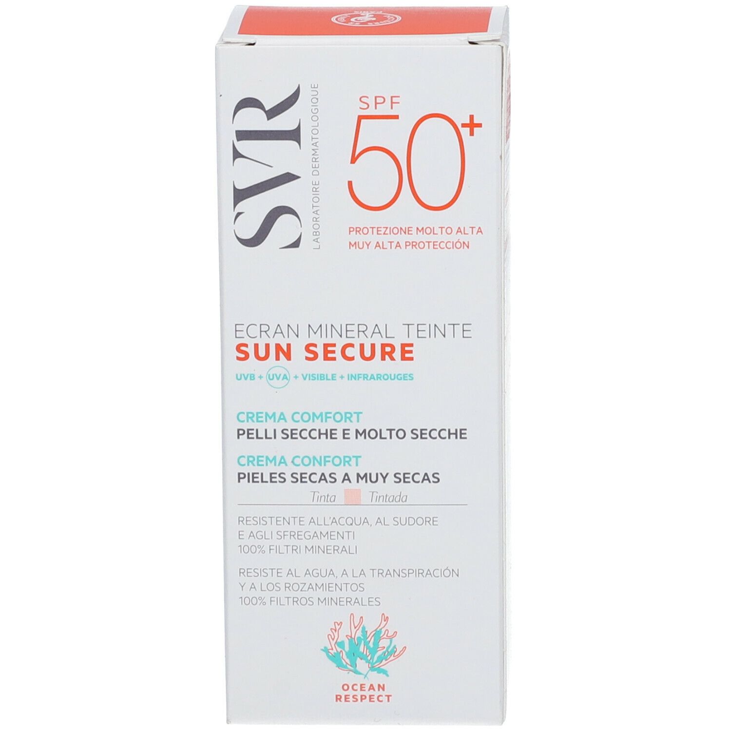 Côté de l'emballage SVR SUN SECURE. Texte avec informations produit.