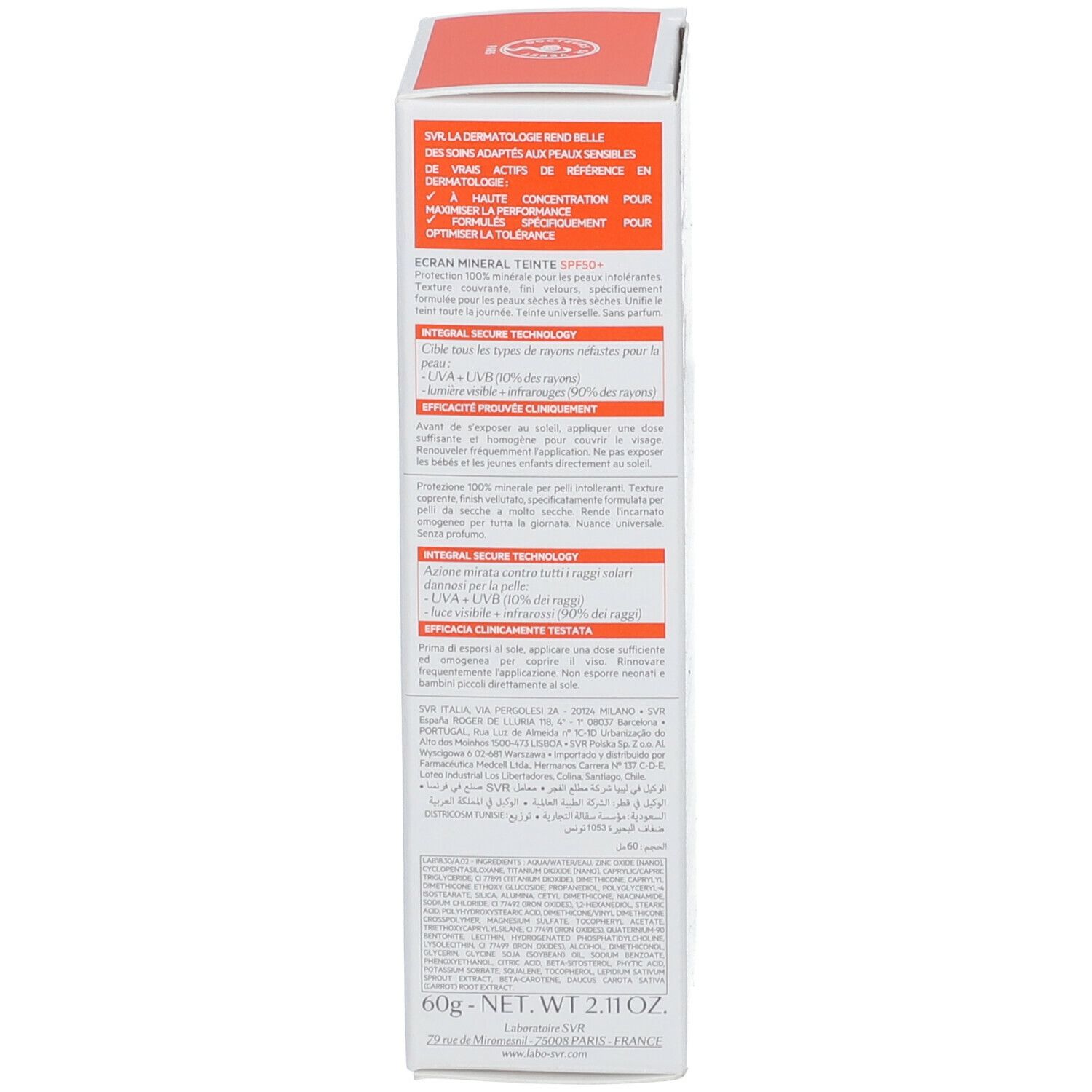 Côté de l'emballage SVR SUN SECURE. Texte avec informations produit.