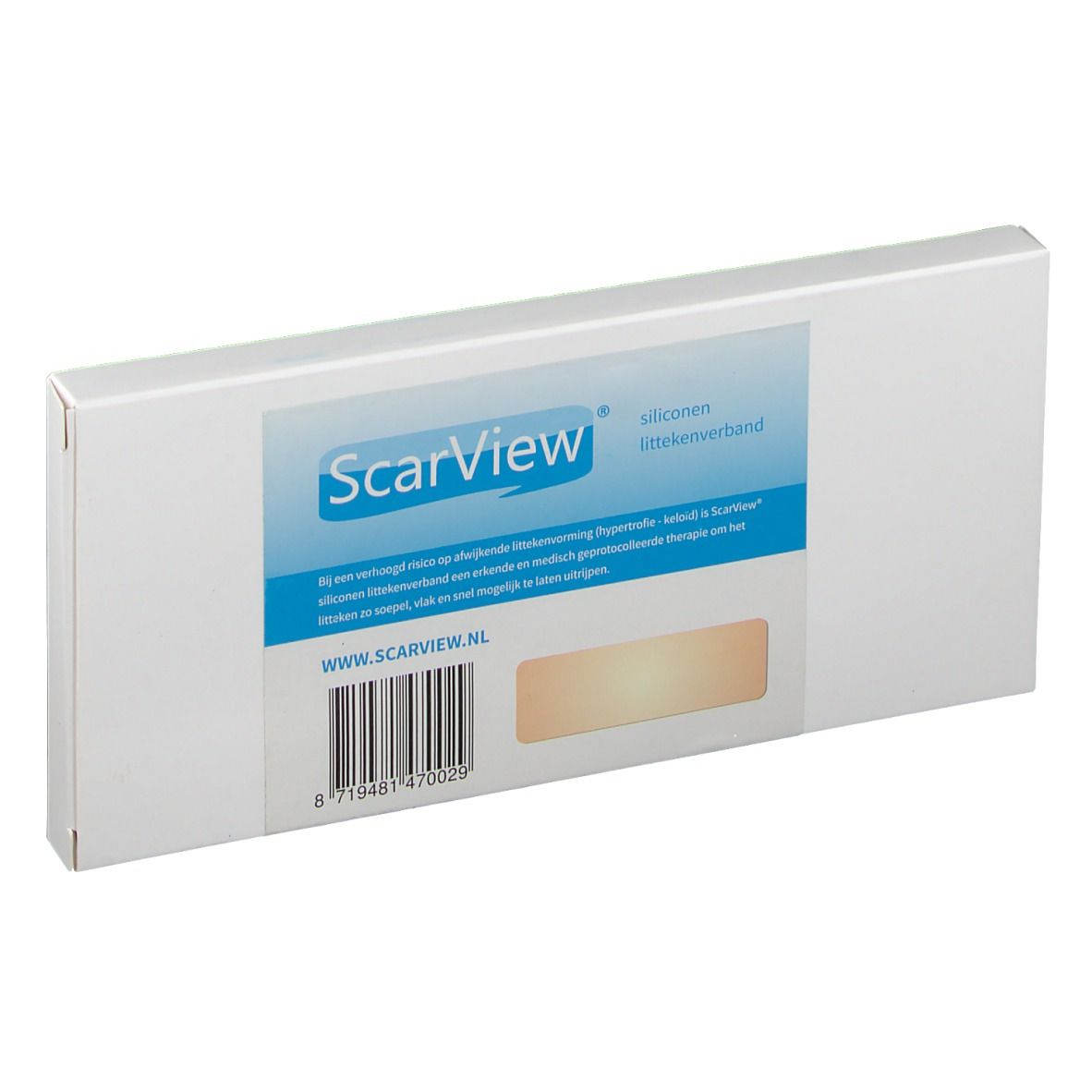 Boîte de produit "ScarView". Fenêtre révélant le produit. Code-barres et adresse du site web visibles.