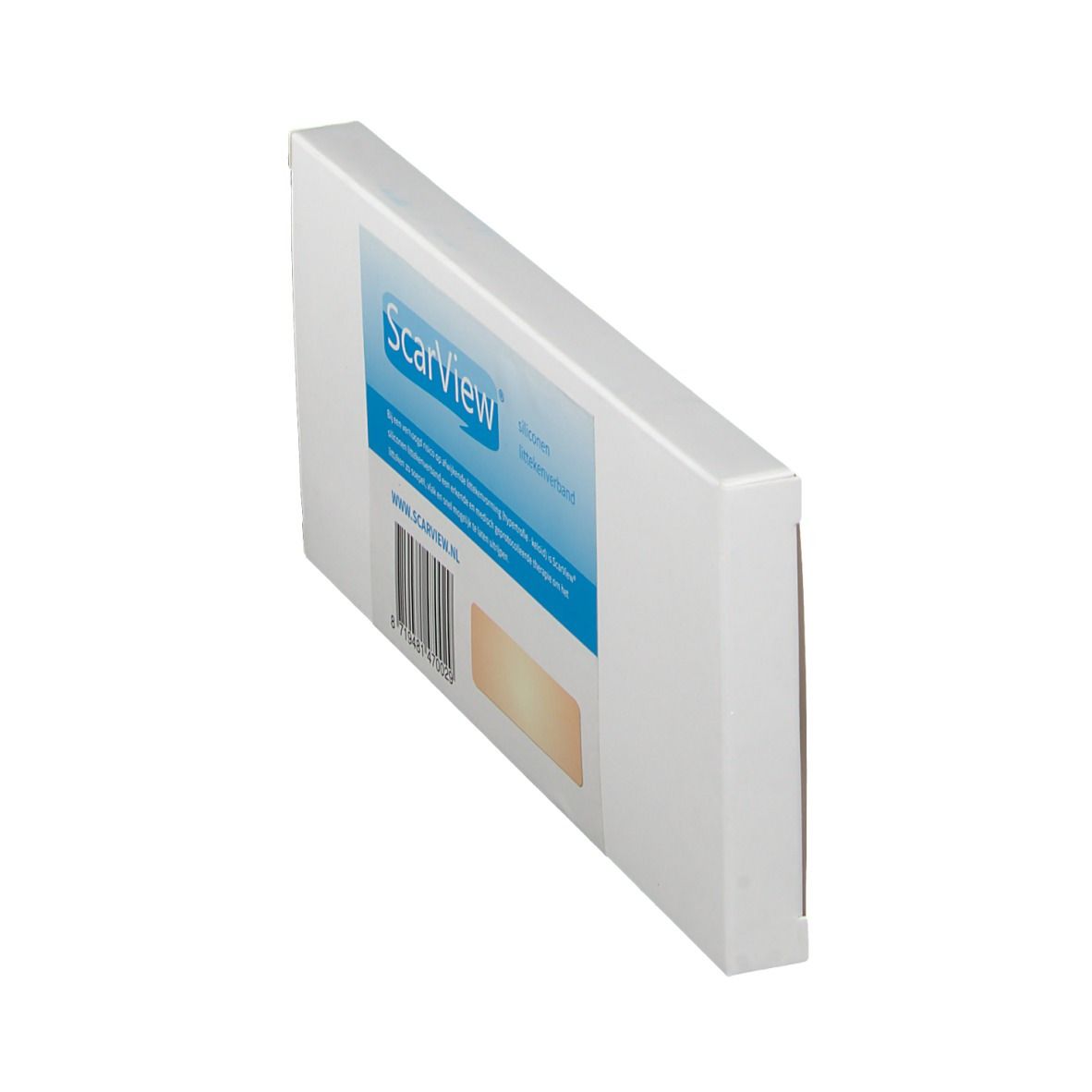 Boîte de produit inclinée. Texte "ScarView" sur fond bleu. Produit visible par fenêtre.