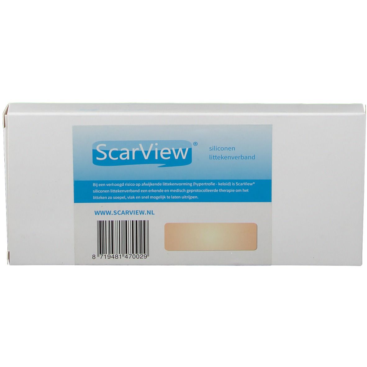 Boîte de produit avec logo "ScarView" et nom du produit. Produit visible par fenêtre.