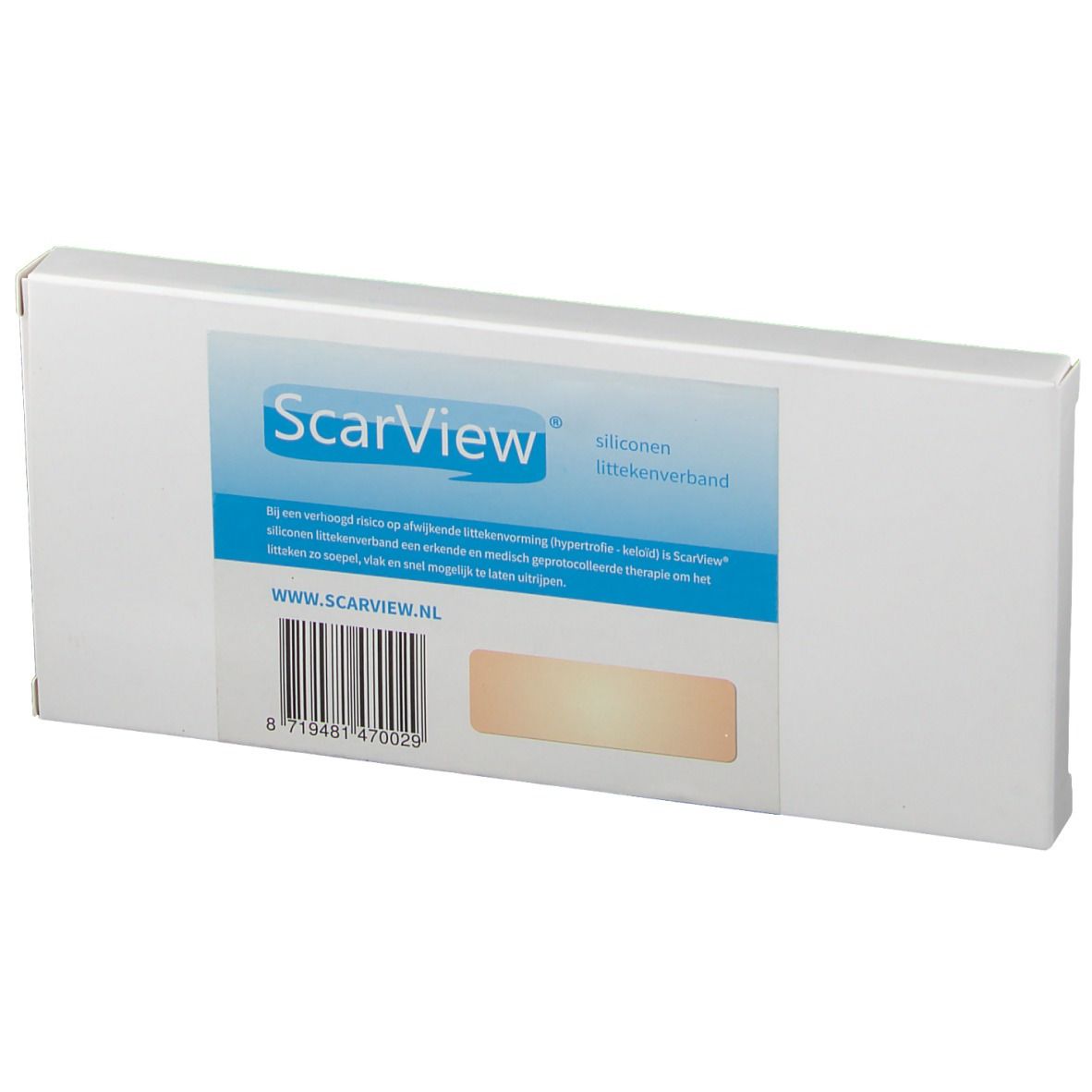 Boîte de produit avec logo "ScarView". Produit visible par fenêtre. Code-barres et adresse du site web.