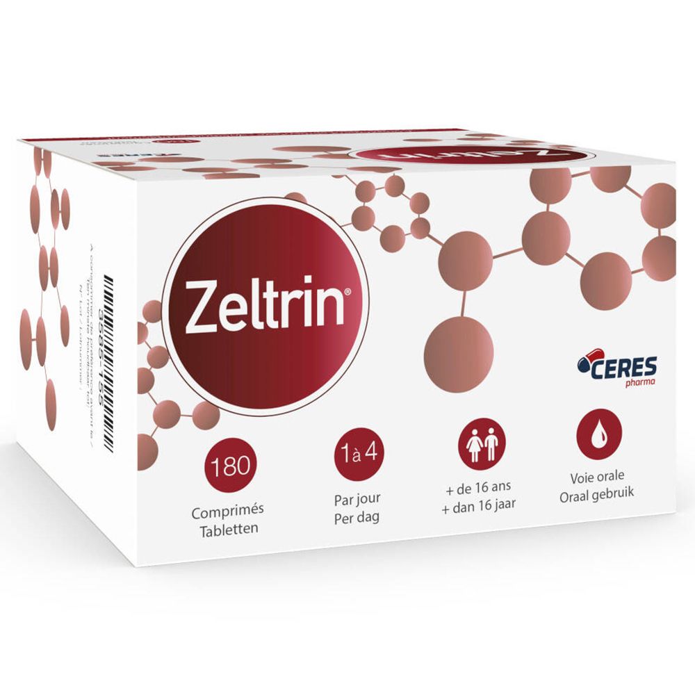 Zeltrin-verpakking. Witte doos met rode cirkel en tekst Zeltrin. Bevat 180 tabletten. Informatie over dosering en leeftijd.