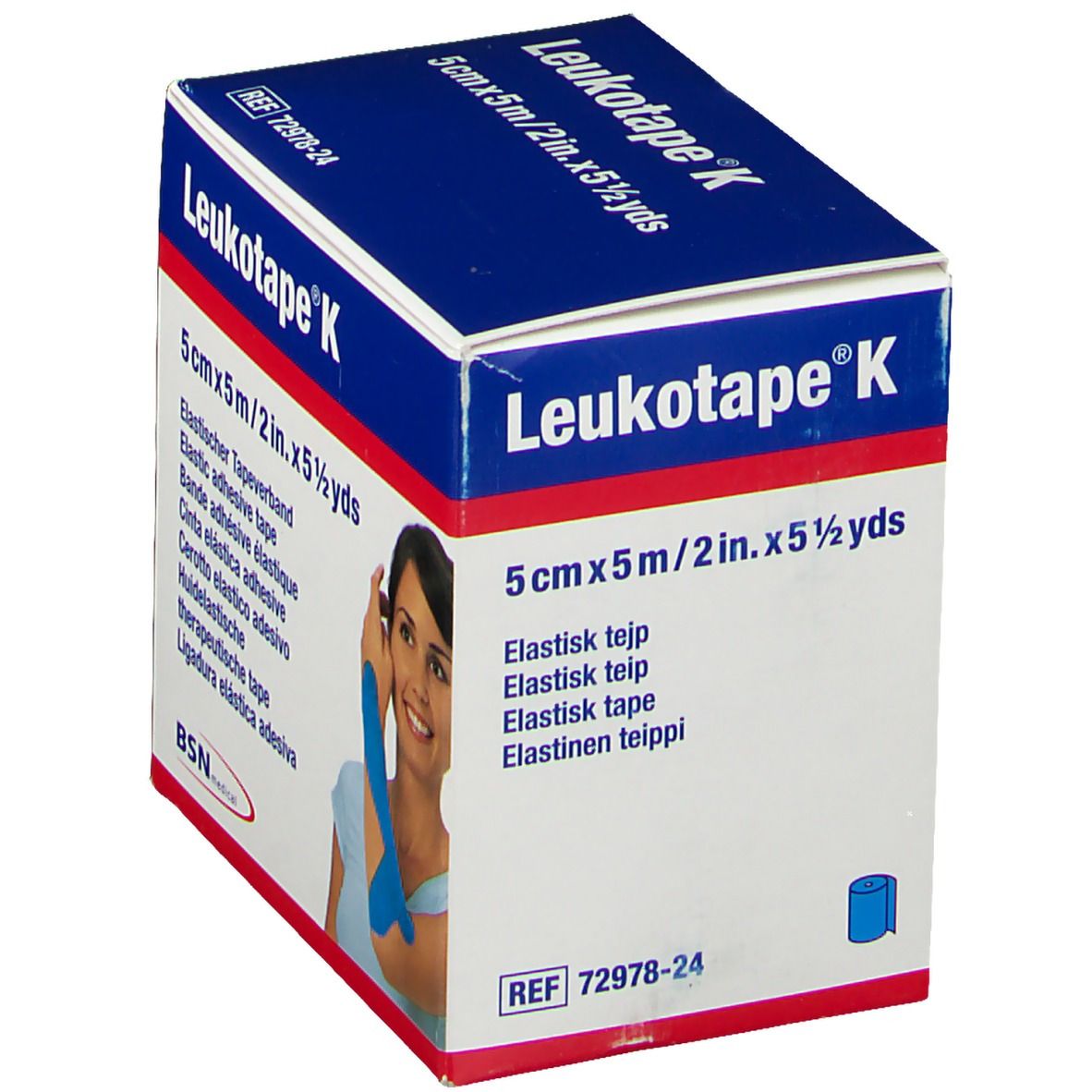Boîte Leukotape K, 5cm x 5m, bleu clair. Inscription: Ruban adhésif élastique. Illustration d'une femme avec du ruban bleu.