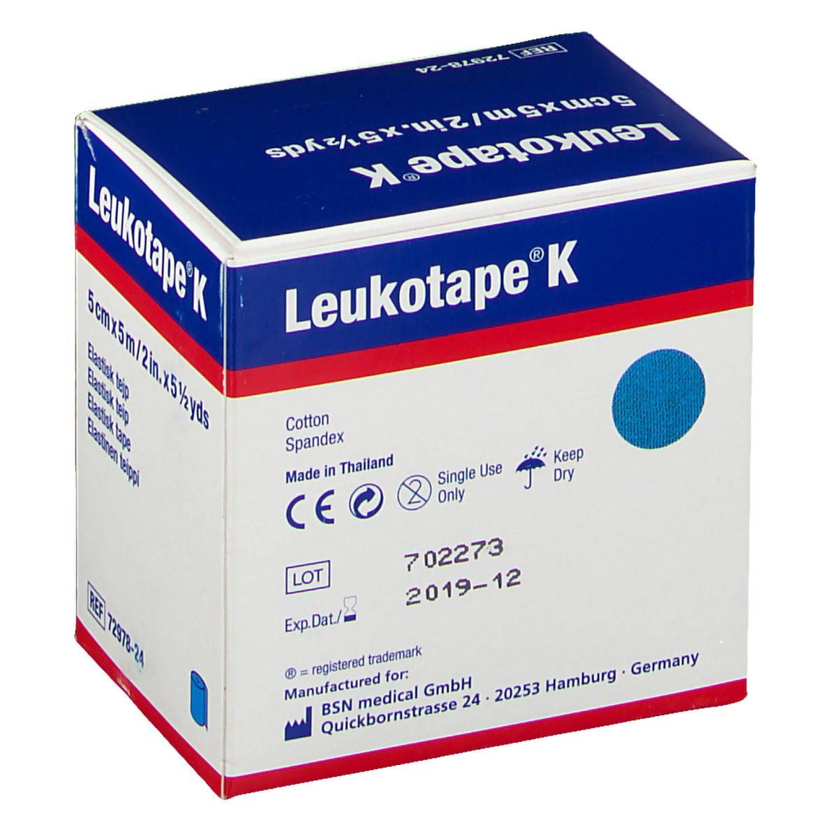 Boîte Leukotape K, 5cm x 5m, bleu clair. Inscription: Coton, Spandex. Usage unique. Date de péremption 2019-12. BSN medical.