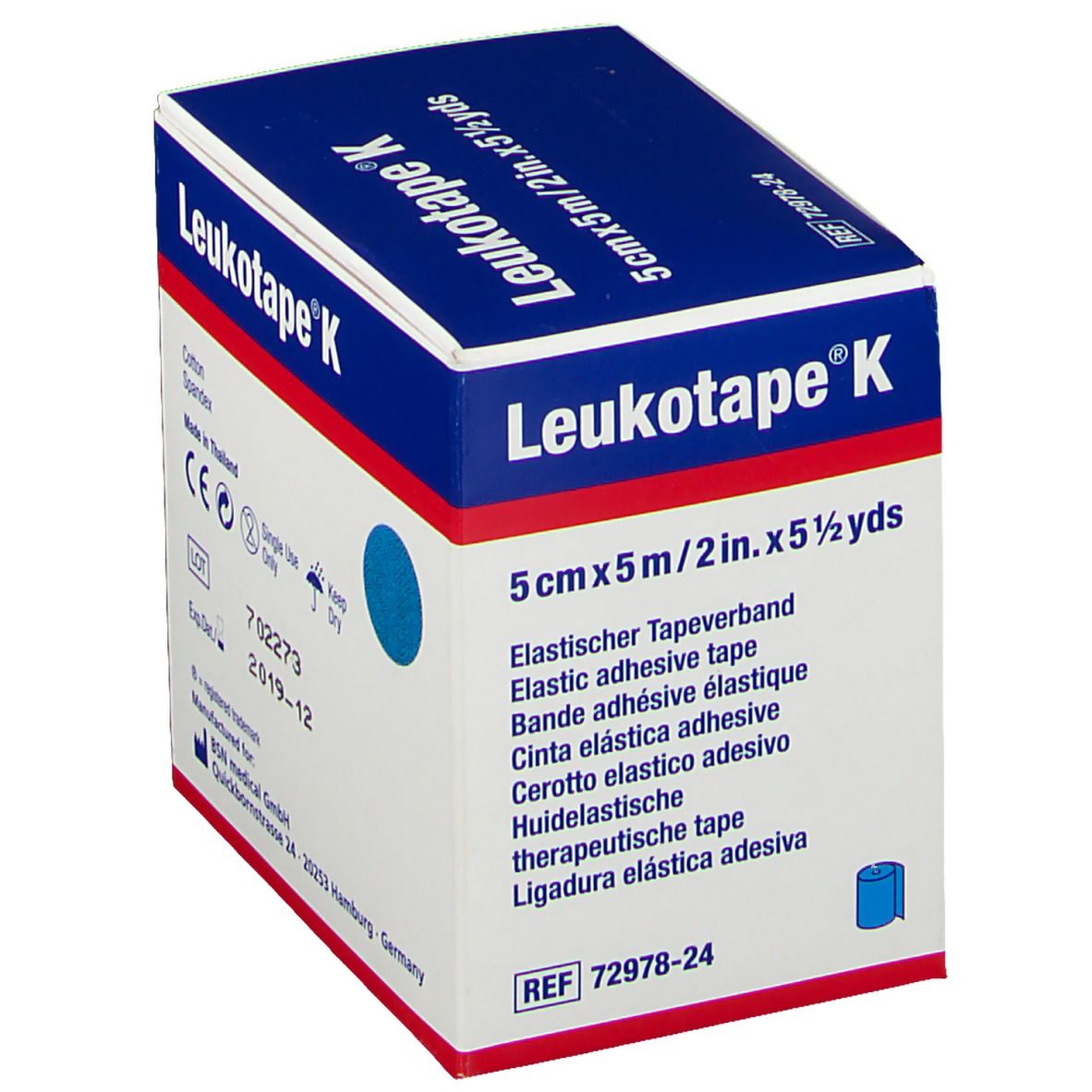 Boîte Leukotape K, 5cm x 5m, bleu clair. Inscription: Ruban adhésif élastique. Usage unique. Date de péremption 2019-12. BSN medical.