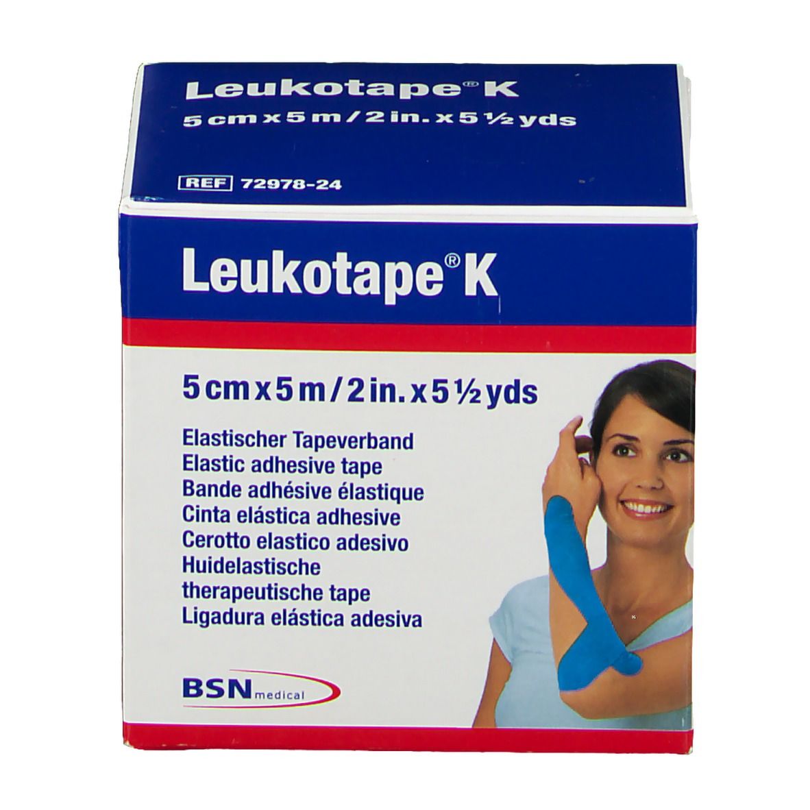 Boîte Leukotape K, 5cm x 5m, bleu clair. Inscription: Ruban adhésif élastique. Illustration d'une femme avec du ruban bleu. BSN medical.