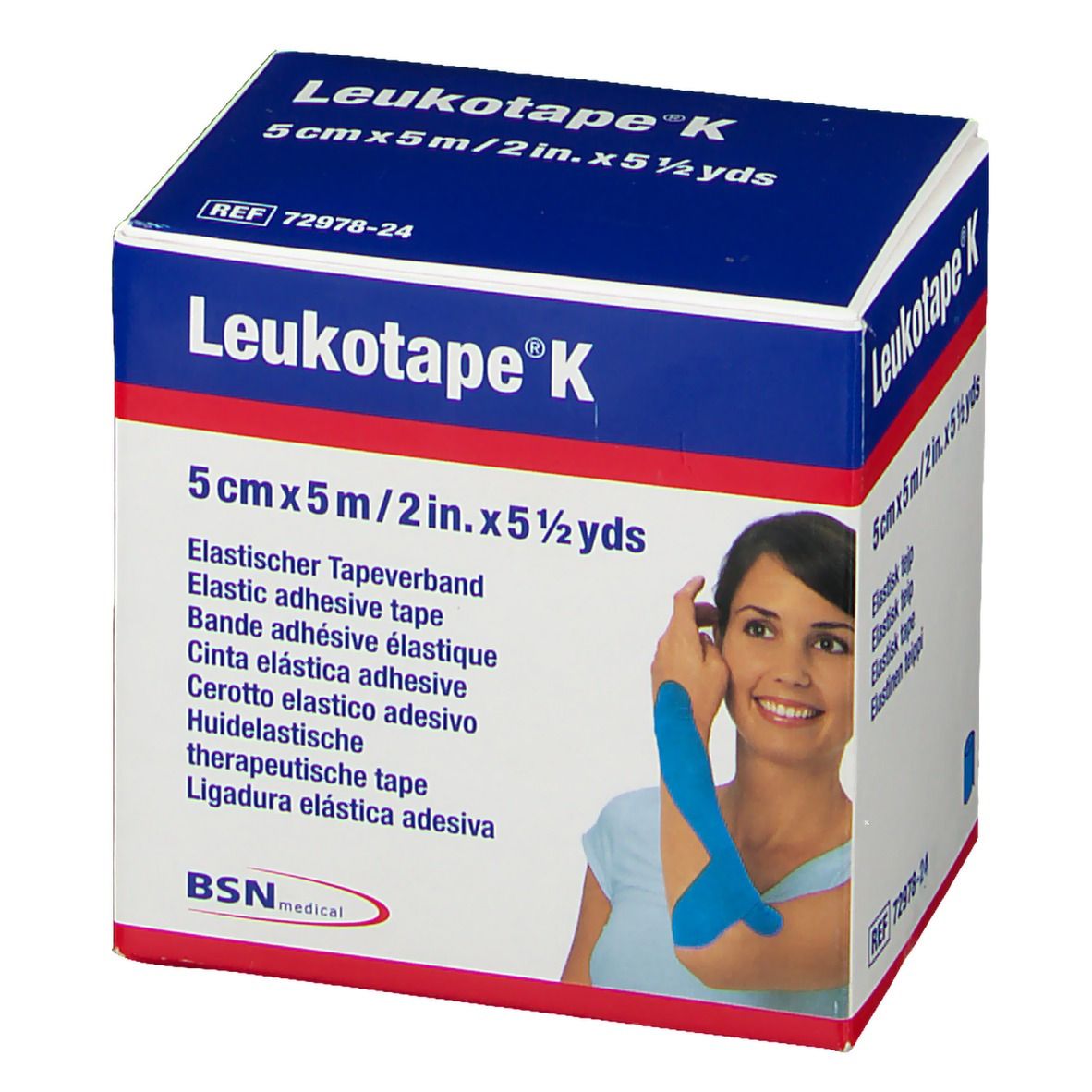 Boîte Leukotape K, 5cm x 5m, bleu clair. Inscription: Ruban adhésif élastique. Illustration d'une femme avec du ruban bleu. BSN medical.