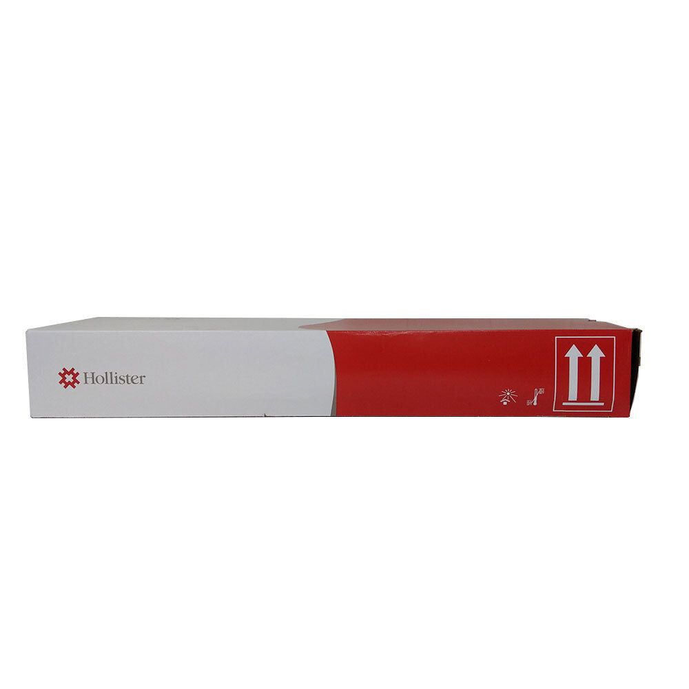 Rood-witte Hollister-verpakking. Opschriften: pijlen, symbolen.