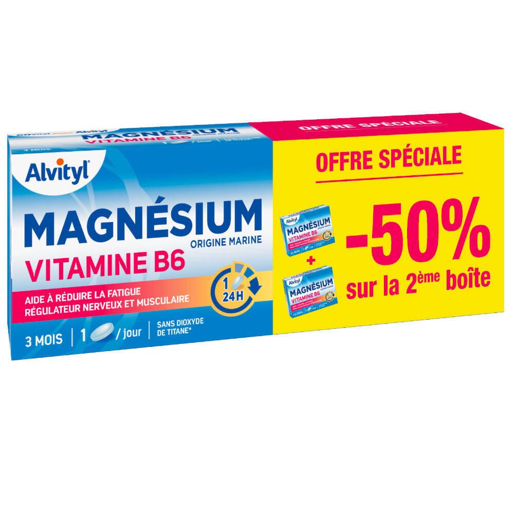 Boîte bleue et jaune "Alvityl Magnésium Vitamine B6". Offre spéciale : -50% sur la 2ème boîte. Contient 3 mois de traitement.