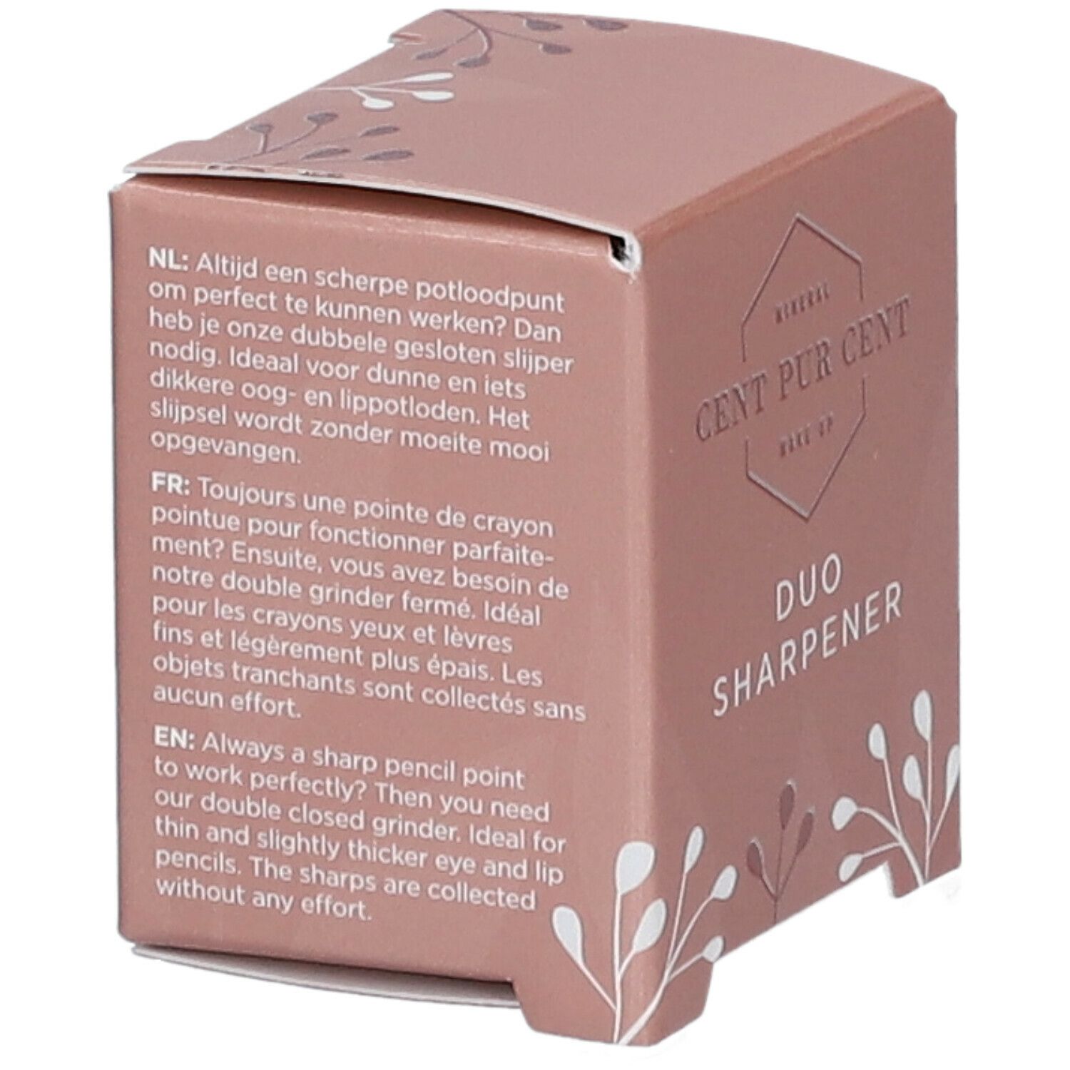 Emballage en carton avec informations produit. Inscription: Mineral Cent Pur Cent Make Up Duo Sharperner. Texte en néerlandais, français et anglais.