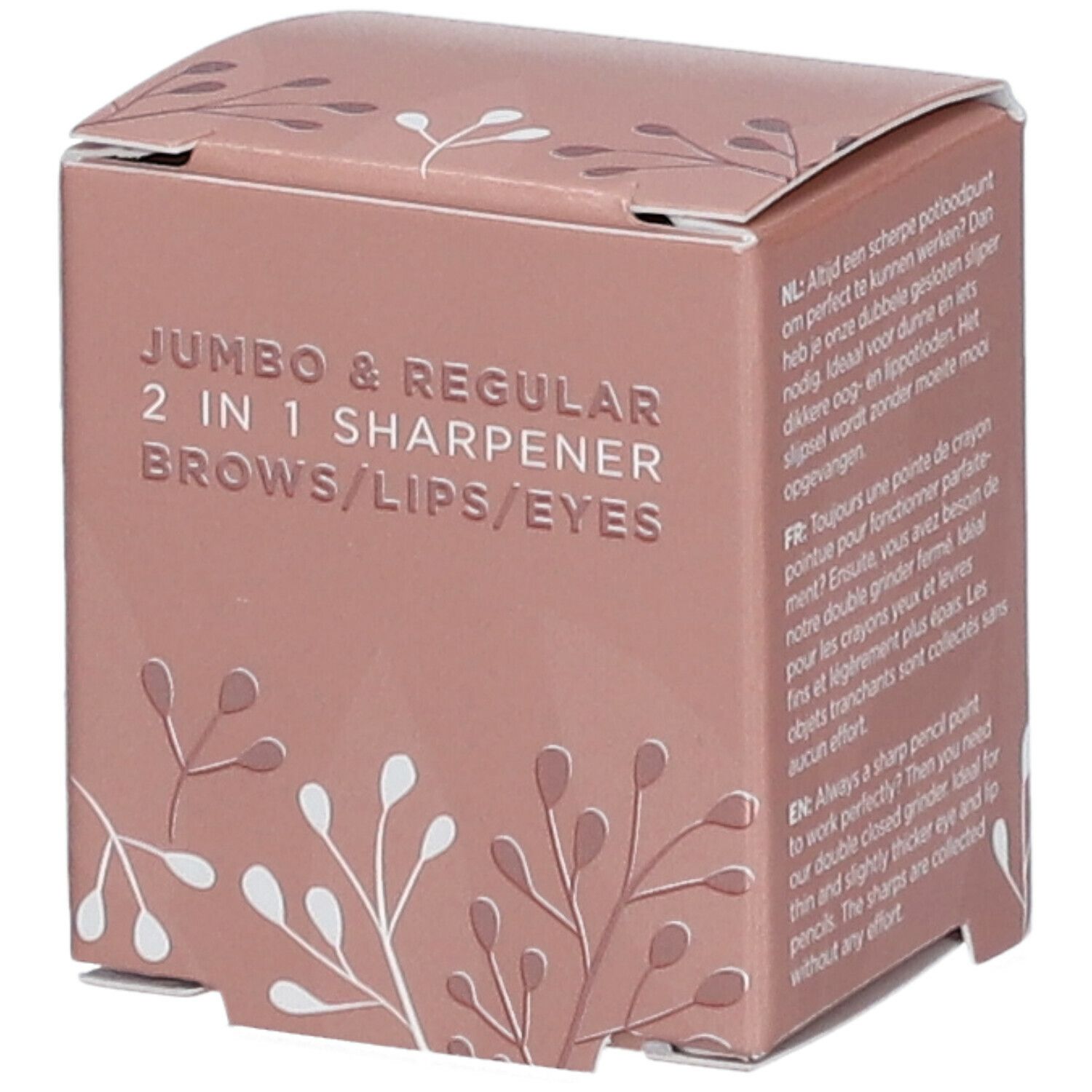 Boîte en carton rose avec informations produit. Inscription: Jumbo & Regular 2 in 1 Sharperner Brows/Lips/Eyes. Texte en néerlandais, français et anglais.