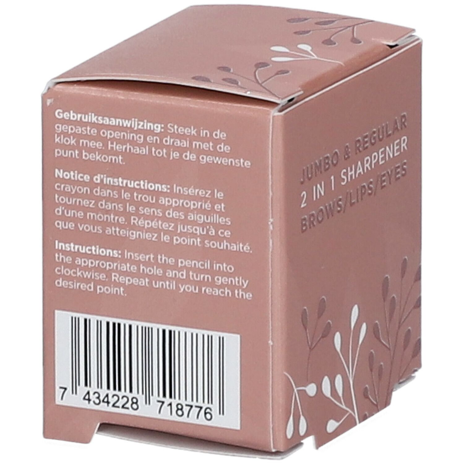 Boîte en carton rose avec informations produit. Inscription: Jumbo & Regular 2 in 1 Sharperner Brows/Lips/Eyes. Code-barres et instructions.