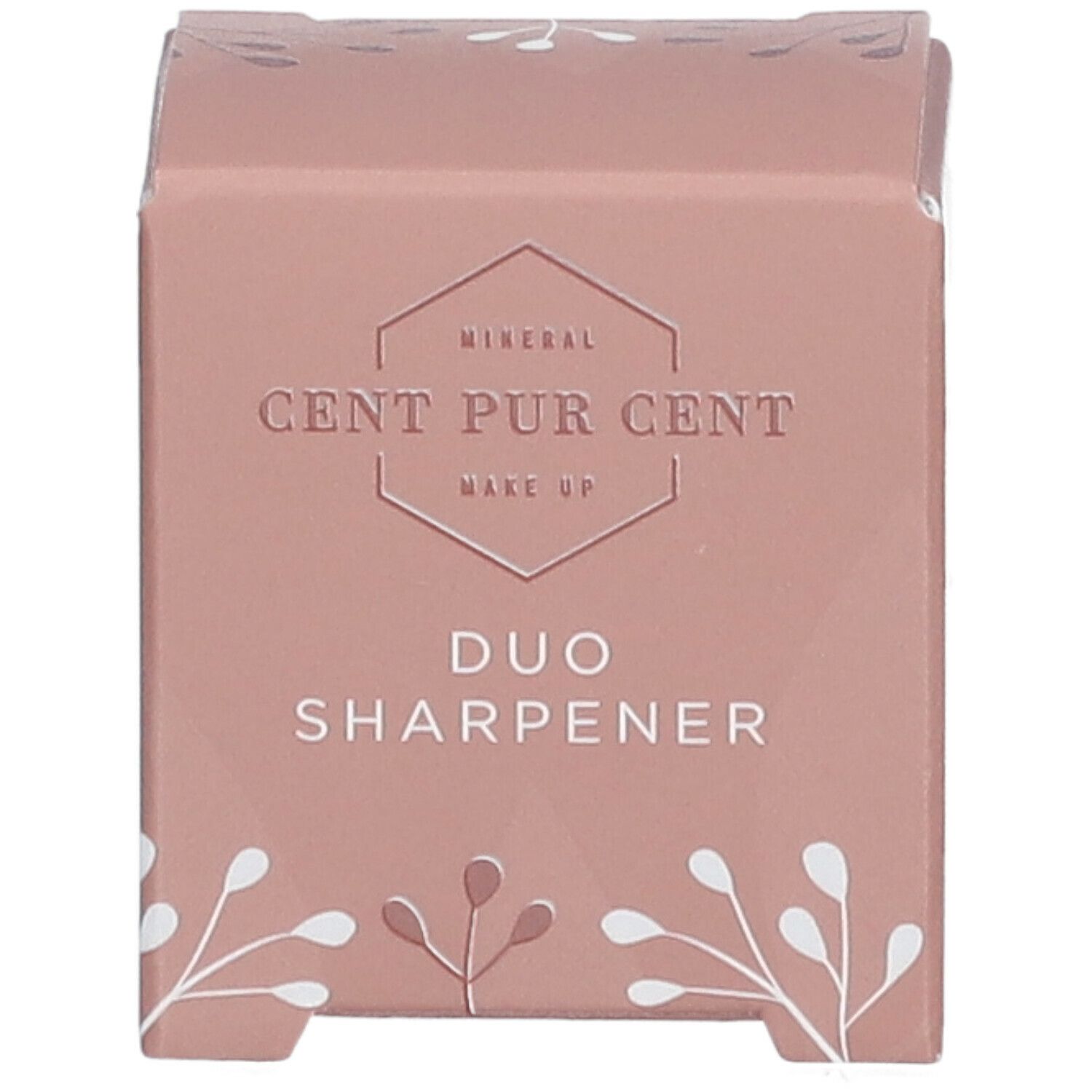 Boîte en carton rose avec informations produit. Inscription: Mineral Cent Pur Cent Make Up Duo Sharperner.