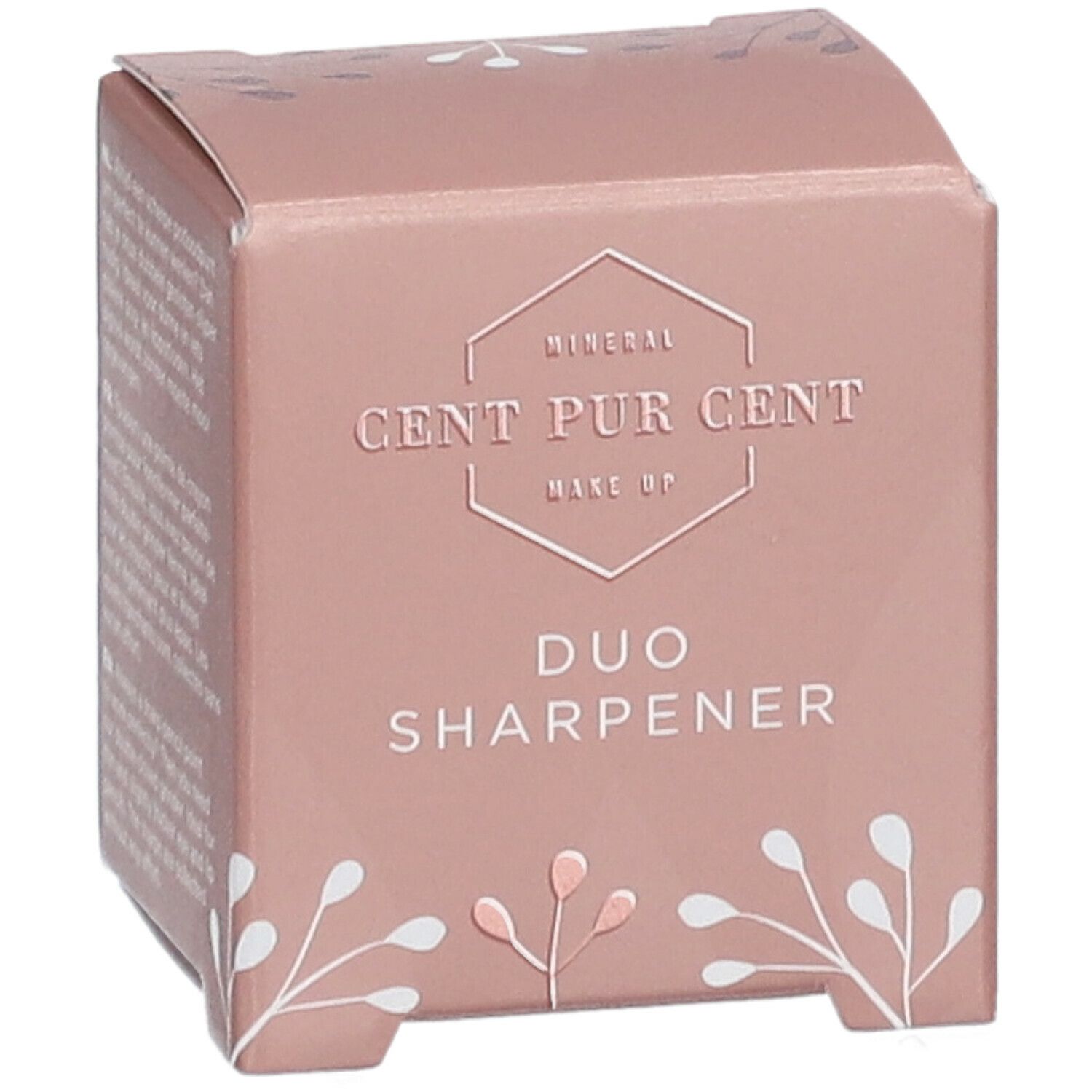 Boîte en carton rose avec informations produit. Inscription: Mineral Cent Pur Cent Make Up Duo Sharperner.