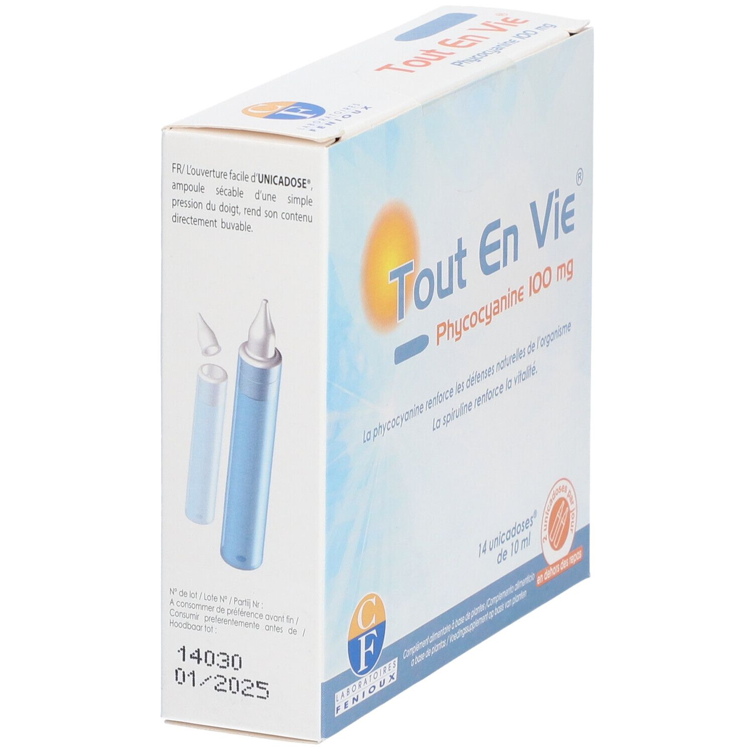 Boîte avec nom et logo du produit. Contient 14 ampoules. Une ampoule et son bouchon à côté.