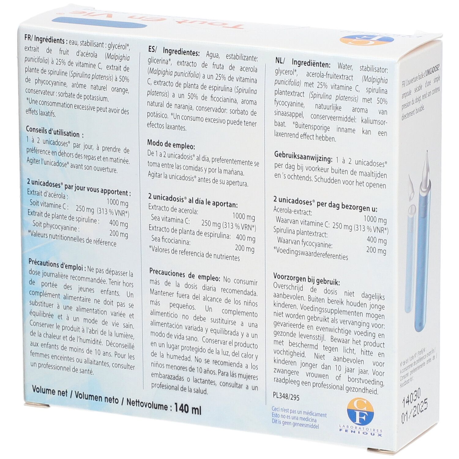Dos de la boîte avec ingrédients et instructions d'utilisation. Contient 14 ampoules.