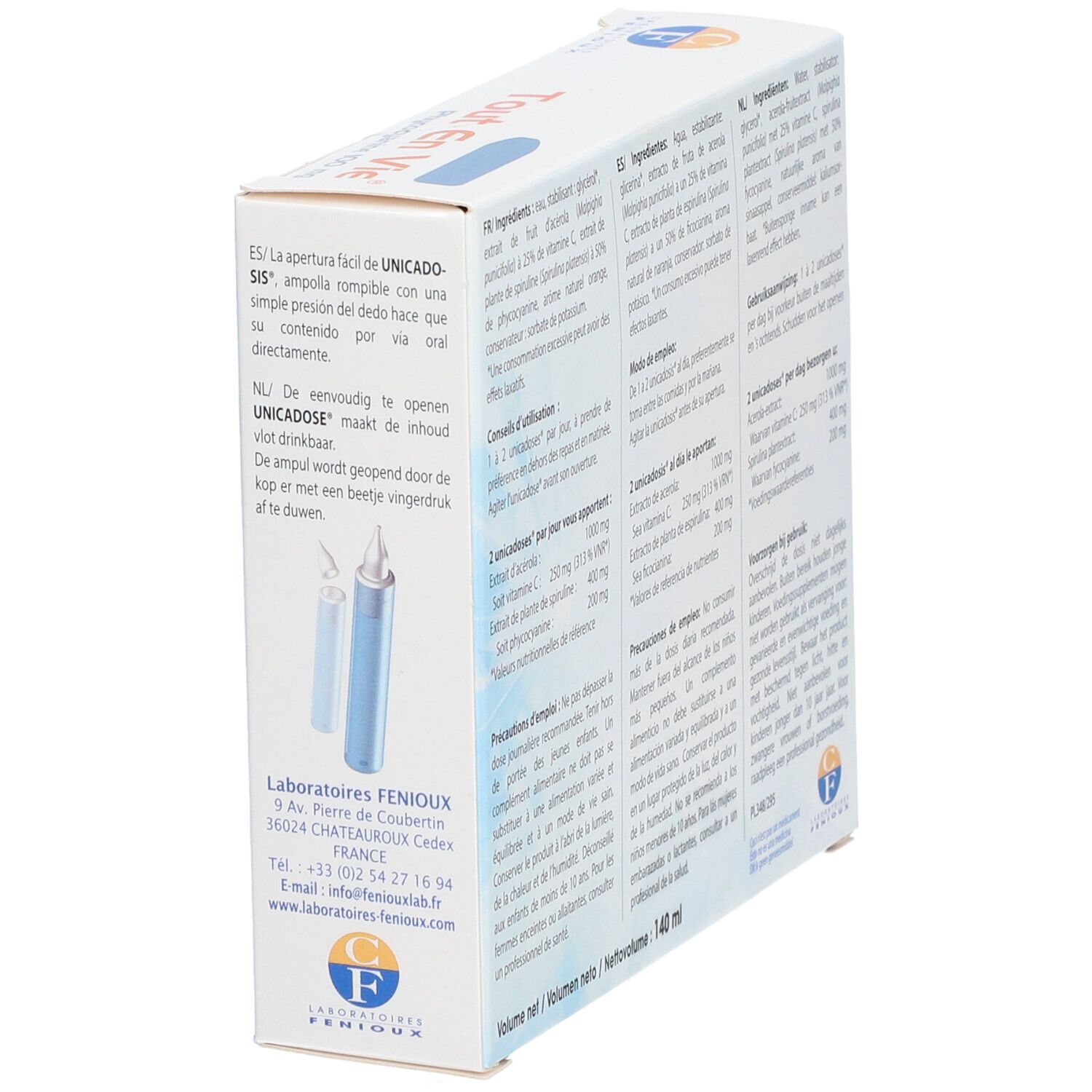Dos de la boîte avec ingrédients et instructions d'utilisation. Contient 14 ampoules.