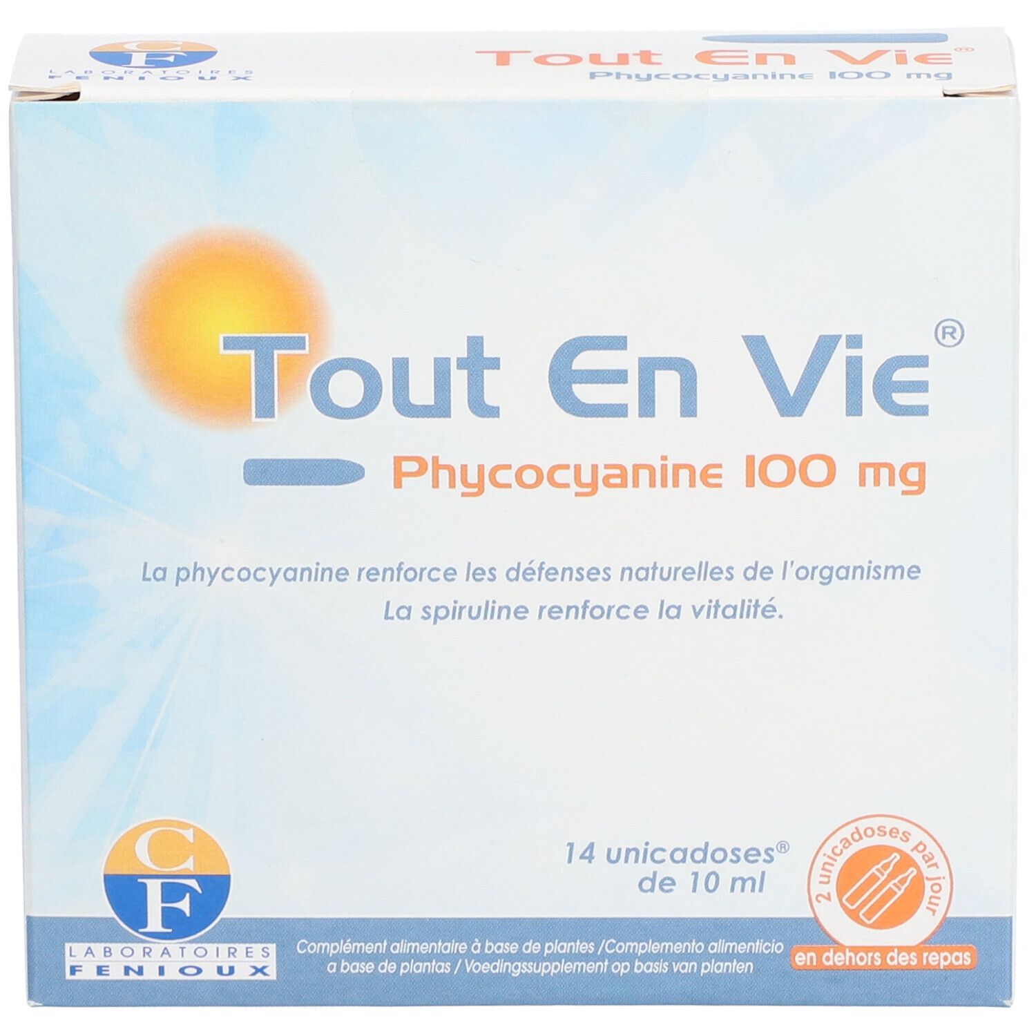 Boîte avec nom et logo du produit. Contient 14 ampoules. Inscription : Phycocyanine 100 mg.