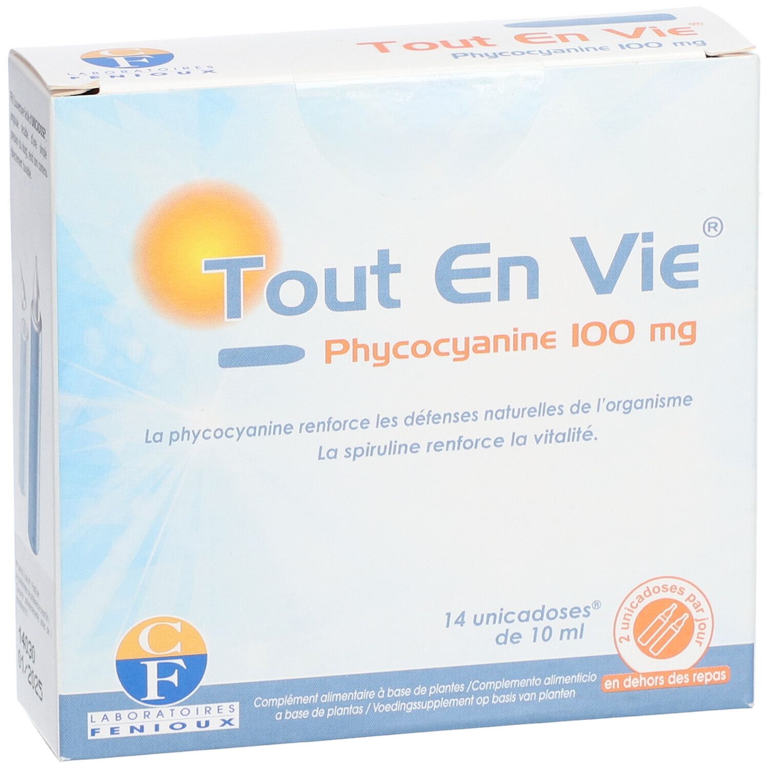 Boîte avec nom et logo du produit. Contient 14 ampoules. Inscription : Phycocyanine 100 mg.