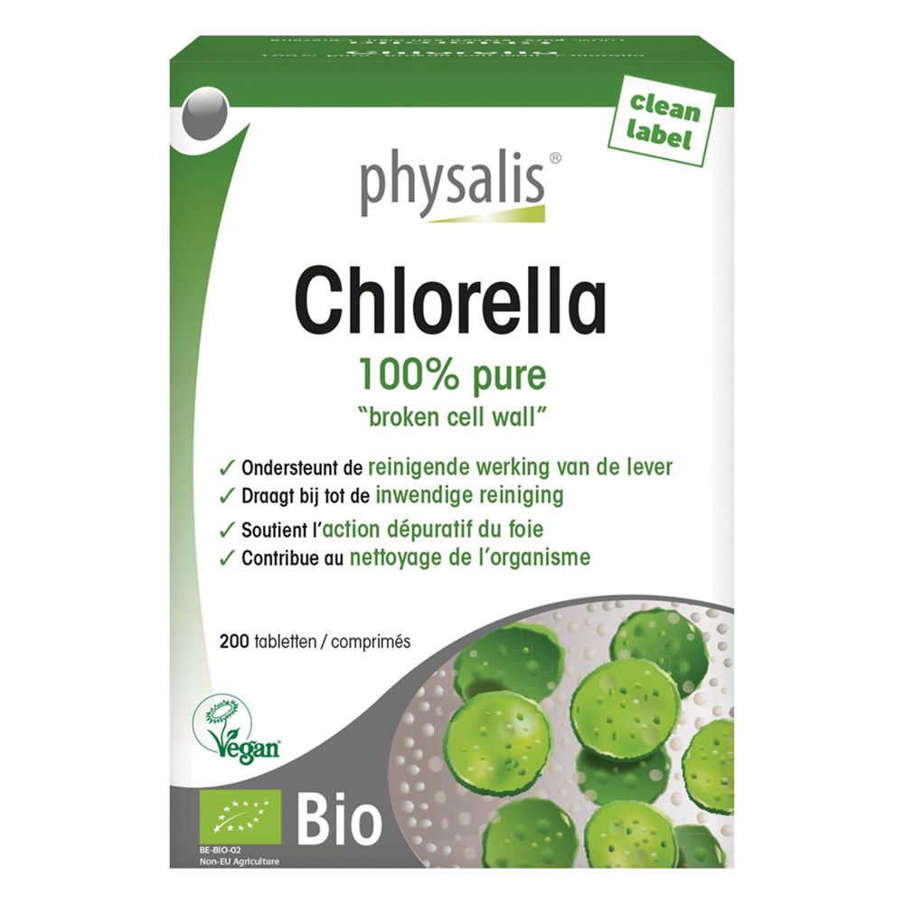 Physalis Chlorella Bio Verpackung. Grün-weiße Schachtel mit Produktnamen, Bio-Siegel und 200 Tabletten.
