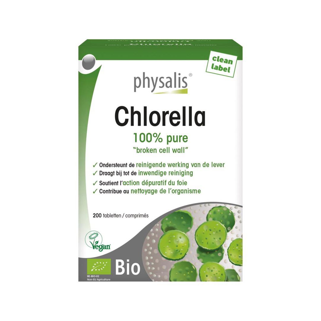 Physalis Chlorella Bio verpakking. Groen-witte doos met productnaam, bio-label en 200 tabletten.