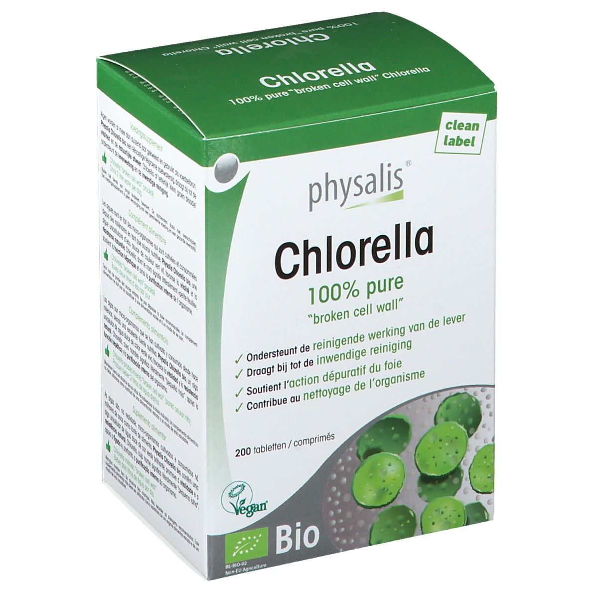 Doos van Physalis Chlorella Bio. Groen-witte verpakking met productnaam en bio-label. Bevat 200 tabletten.